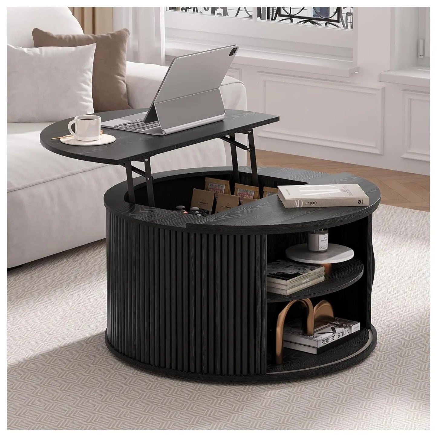 Round Coffee Table With Hidden Slidable Storage Door Modern Walnut