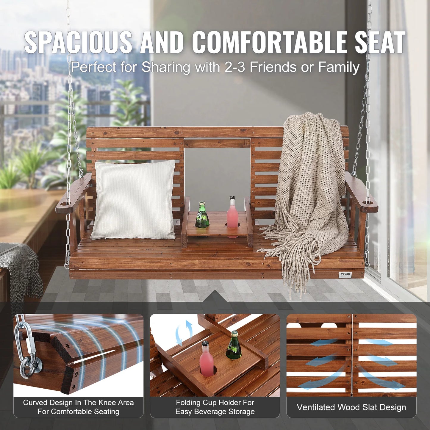 SucceBuy Cedar Wood Porch Swing With Steel Chains For Outdoors