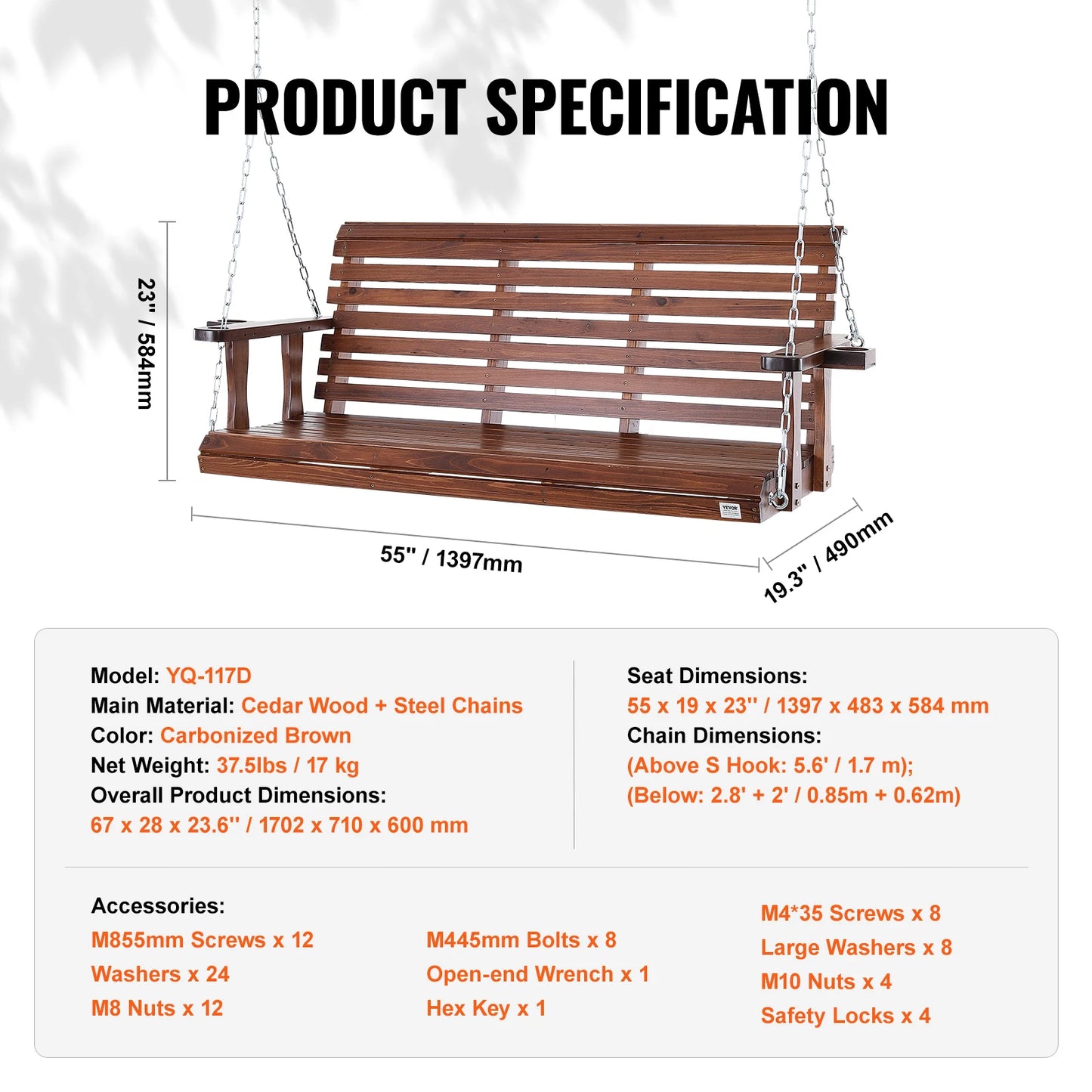SucceBuy Cedar Wood Porch Swing With Steel Chains For Outdoors