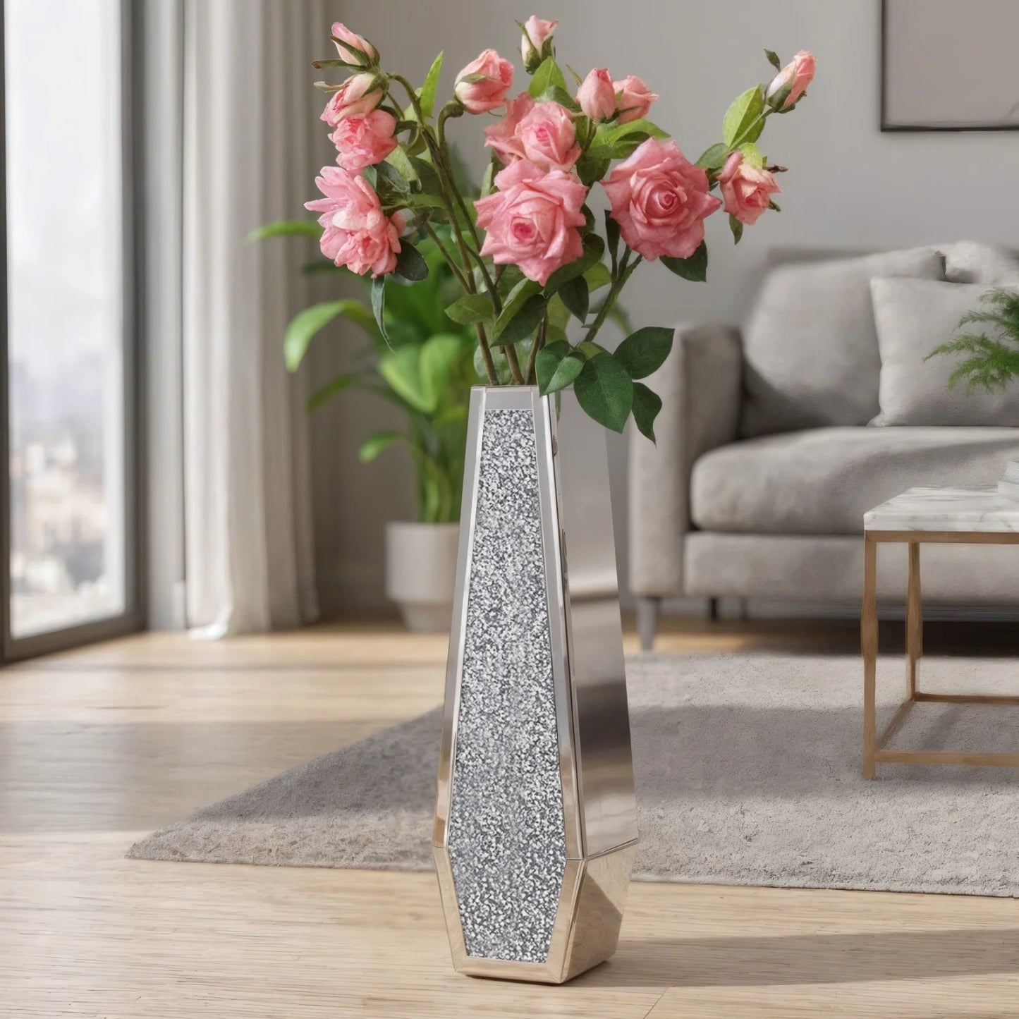 Crushed Diamond Mirrored Floor Vase Silver Glass Modern Decor