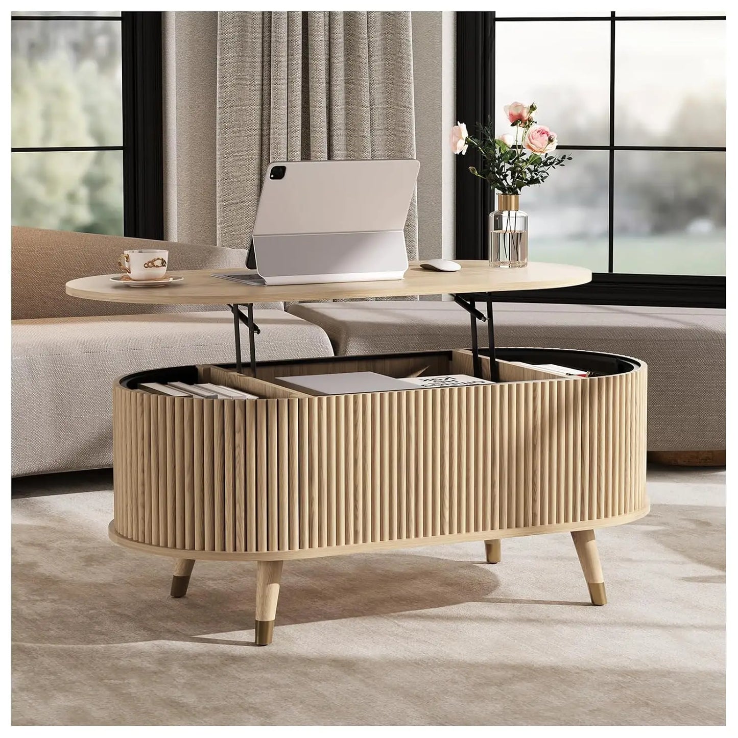Round Coffee Table With Hidden Slidable Storage Door Modern Walnut