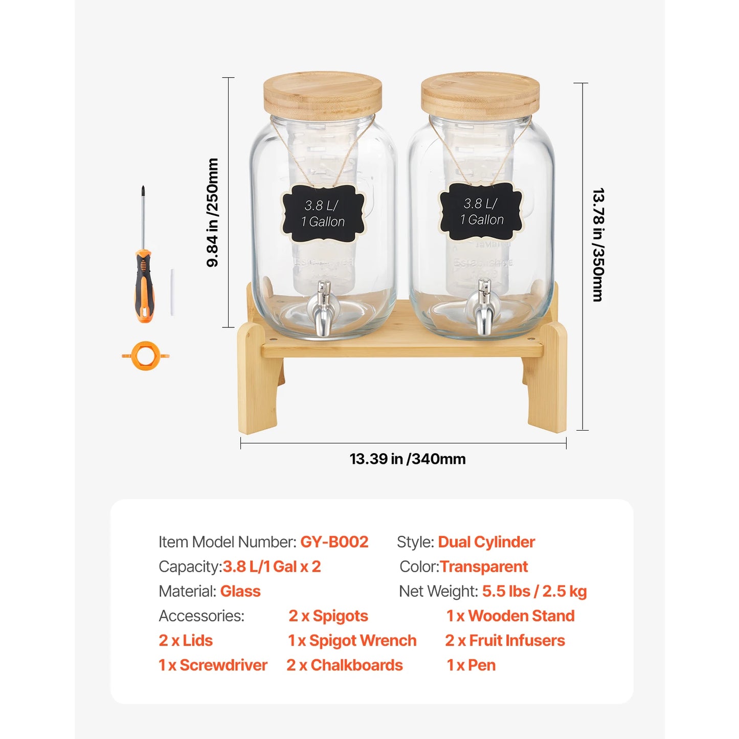 SucceBuy Glass Beverage Dispenser With Wood Stand For Parties Entertaining 8L Dual Pack