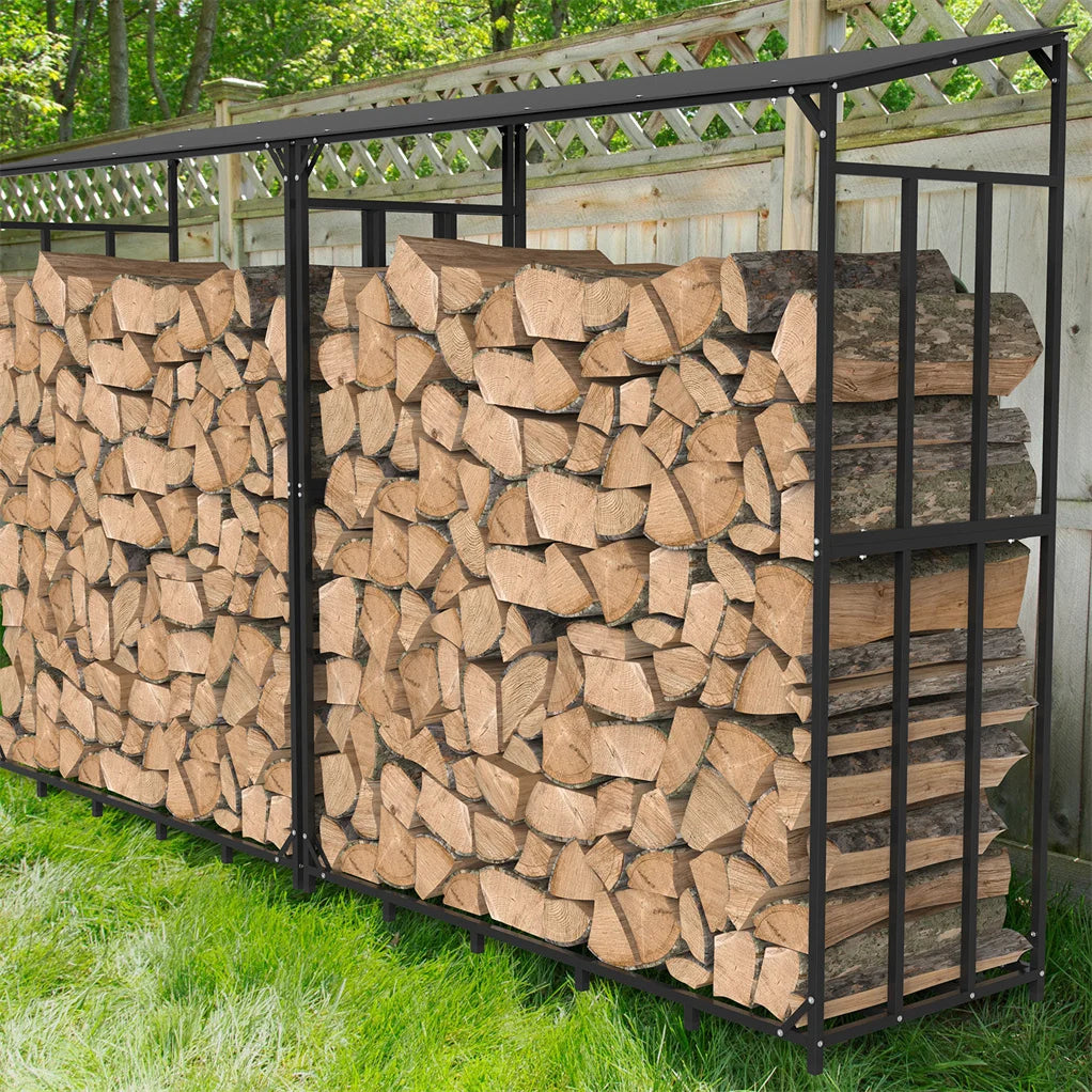 Outdoor Metal Firewood Rack With Waterproof Roof For Garden Storage