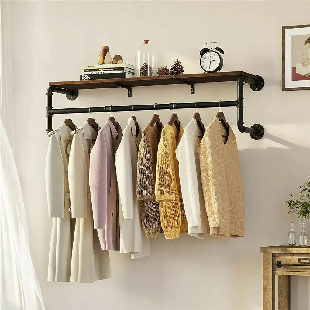 Metal Pipe Wall Mounted Clothes Rack With Wood Shelf