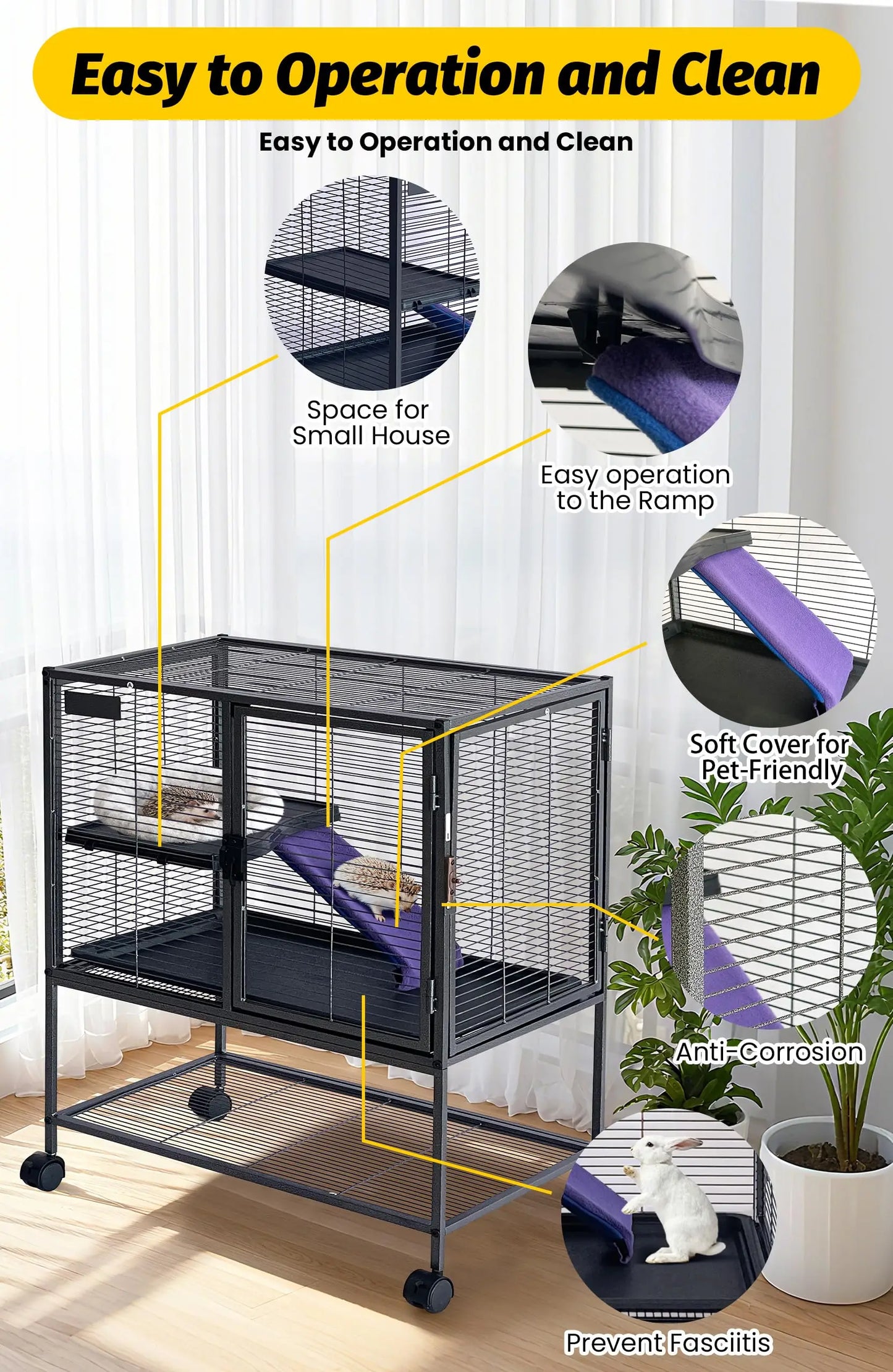 HiMISSCN Heavy Duty Small Animal Cage For Ferrets Chinchillas And Rabbits With Lockable Wheels And Removable Platforms