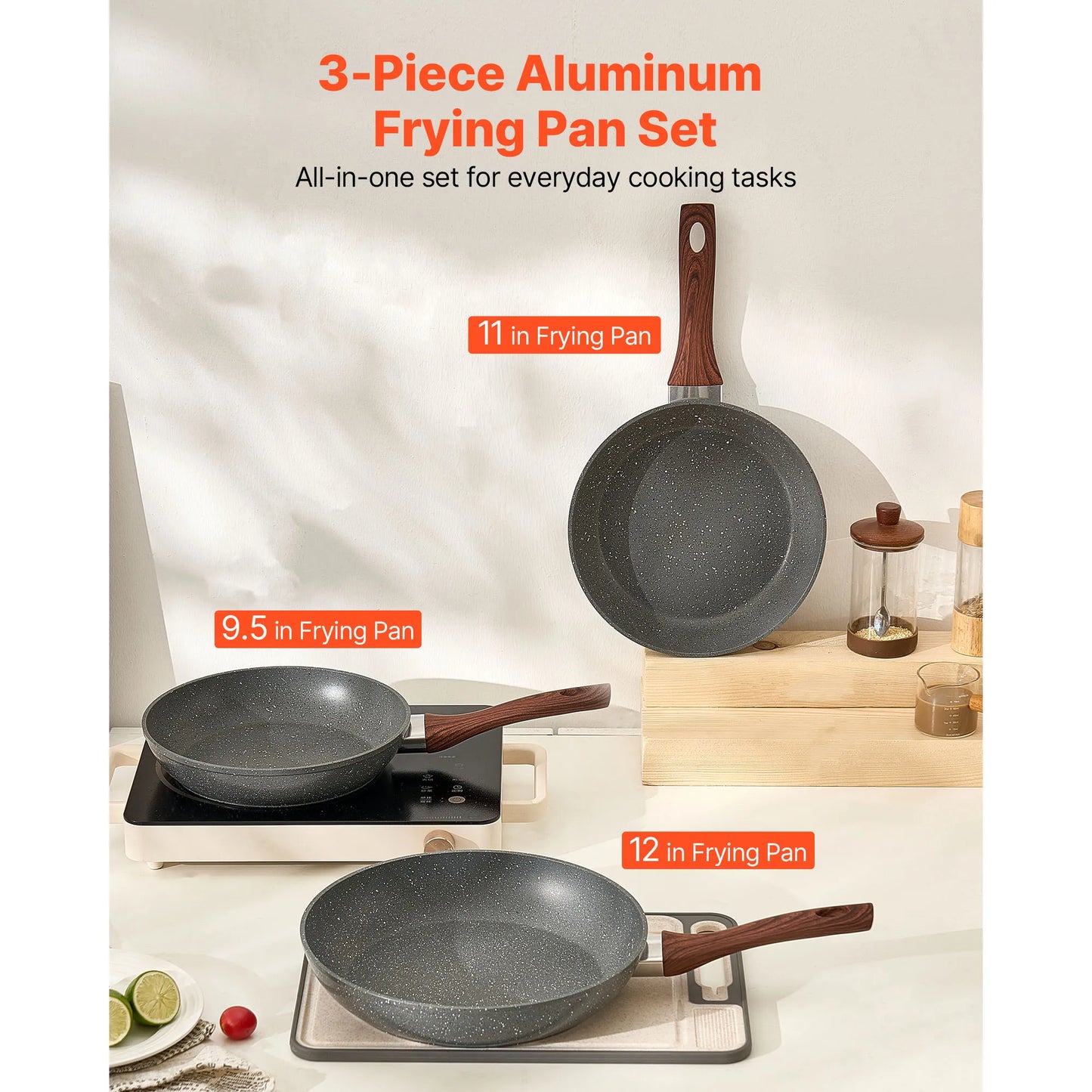 SucceBuy Nonstick Frying Pan Skillet 3 Piece Set Aluminum Heavy Duty for Gas and Electric Cooking Grey For Home Cooks