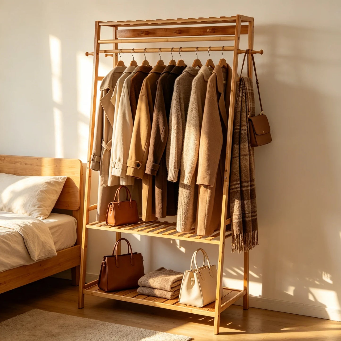 Bamboo Free Standing Garment Coat Rack With 10 Hooks