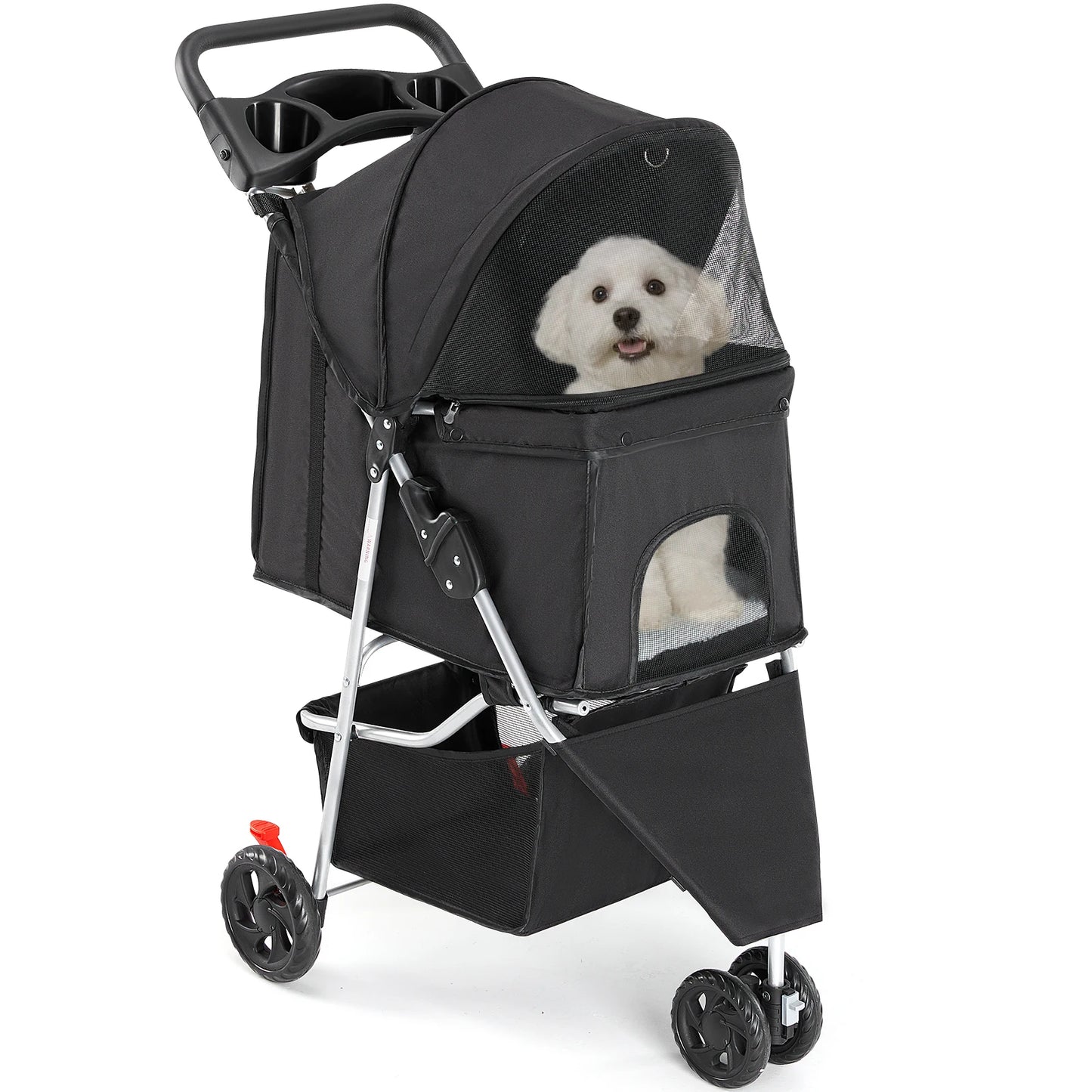Three Wheel Foldable Pet Stroller With Mesh Windows For Small Dogs And Cats