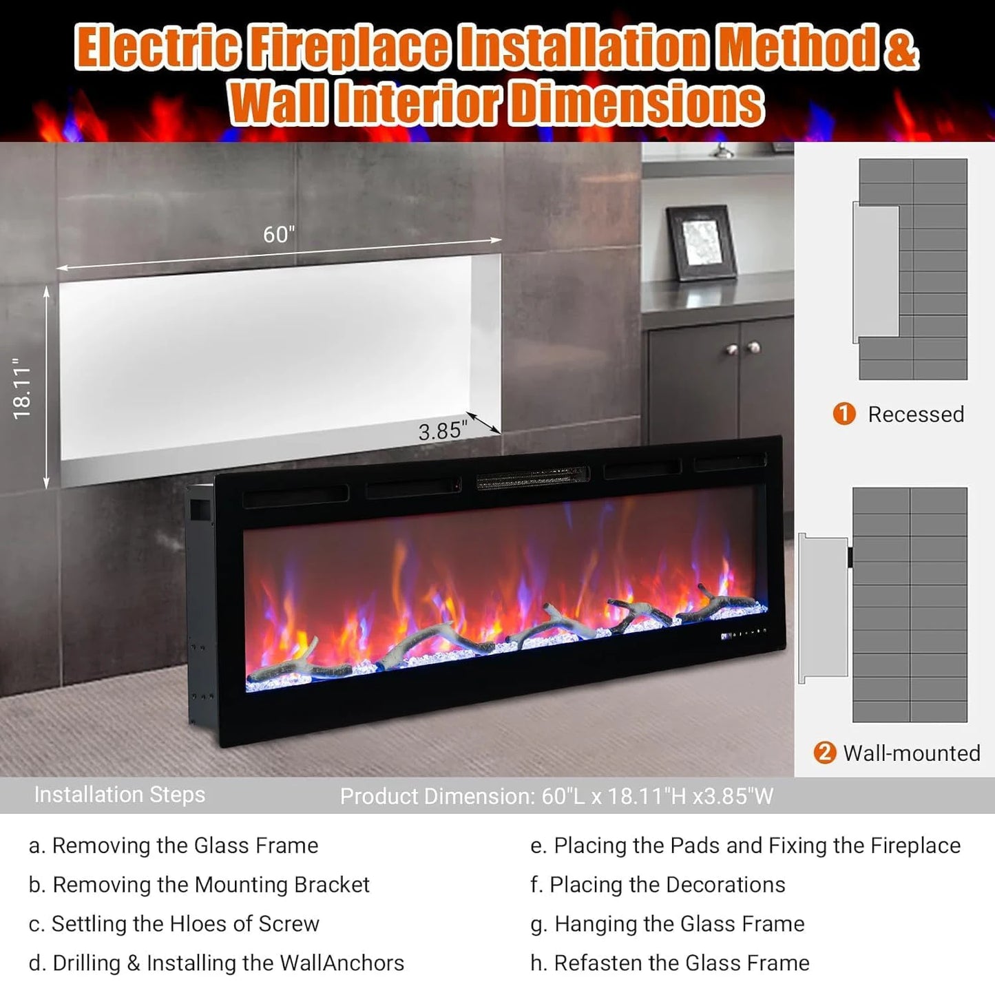 AceKool Smart Electric Fireplace Heater For Homeowners With Alexa And WiFi Remote Color Changing 750W And 1500W
