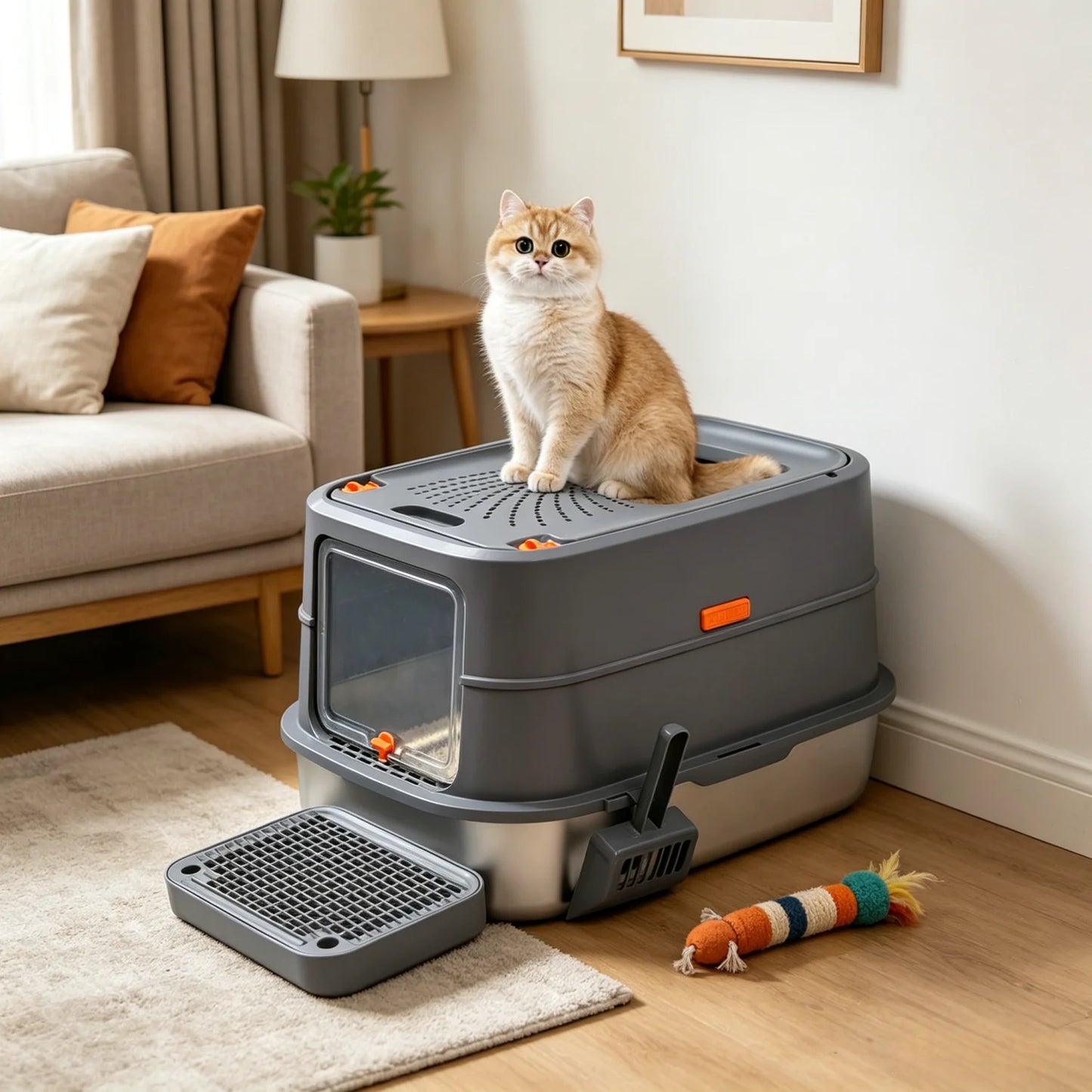 Stainless Steel Enclosed Cat Litter Box With Lid High Walls