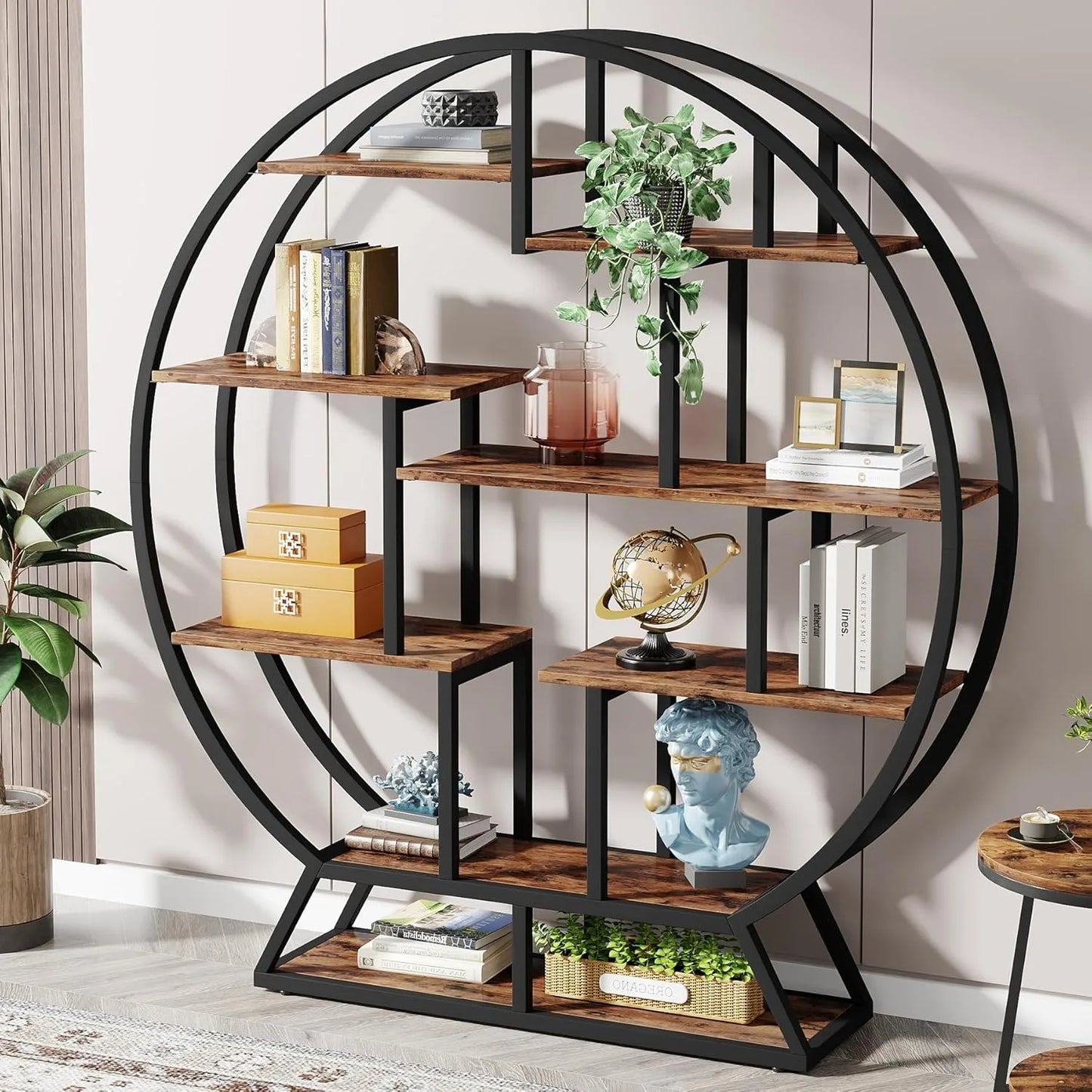 LITTLE TREE Industrial 5 Tier Round Bookcase Living Room
