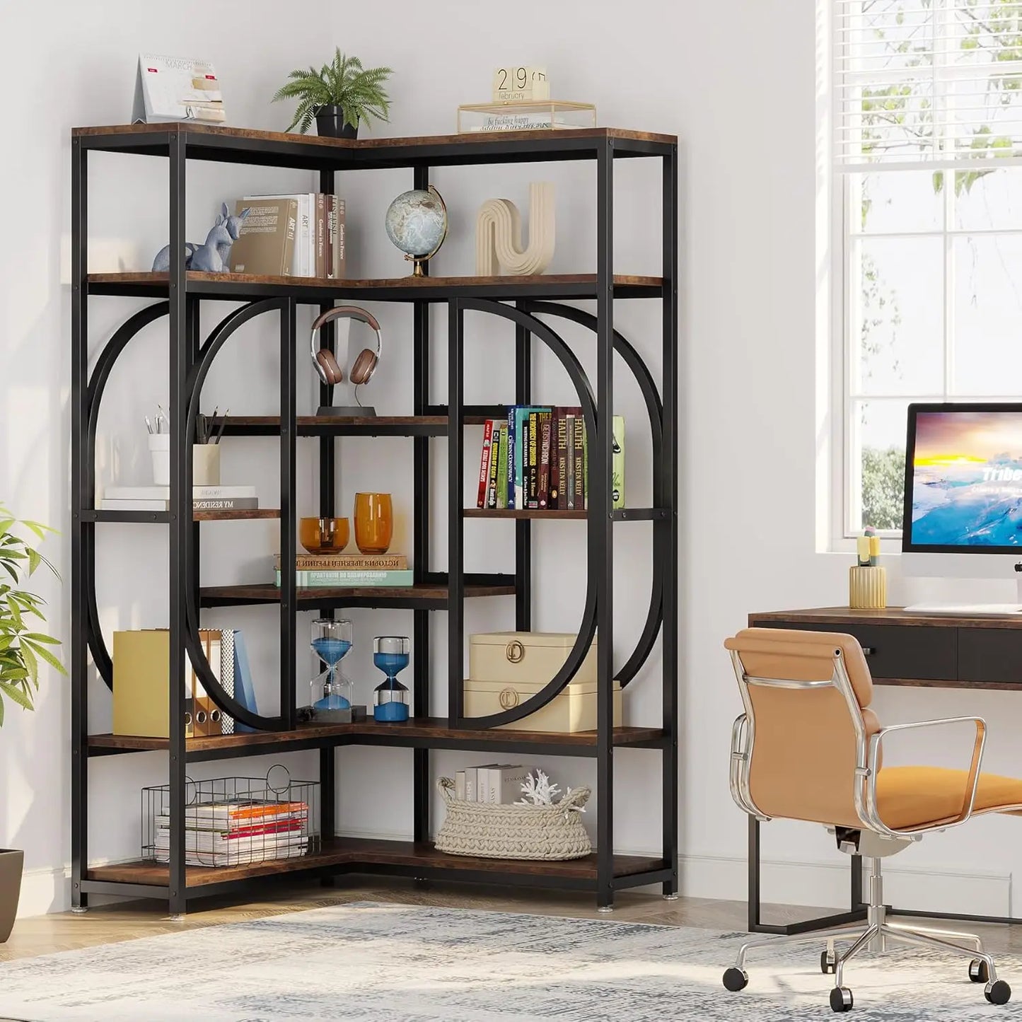 LITTLE TREE 7-Shelf Corner Bookshelf with Metal Frame