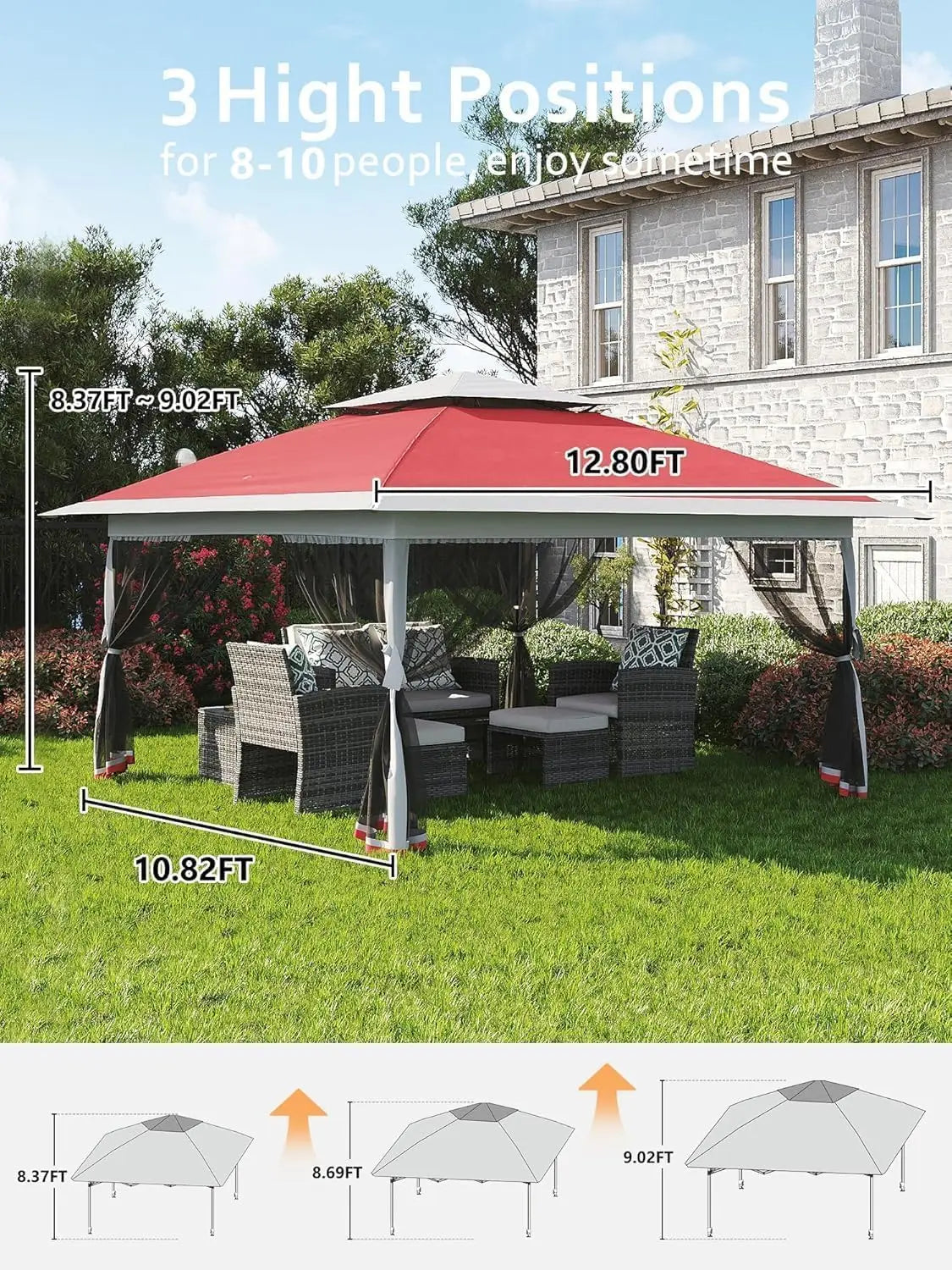 13x13 Ft Pop Up Gazebo With Cantilevered Eaves Awning And One Touch Roll Up Canopy Backyard Mosquito Netting