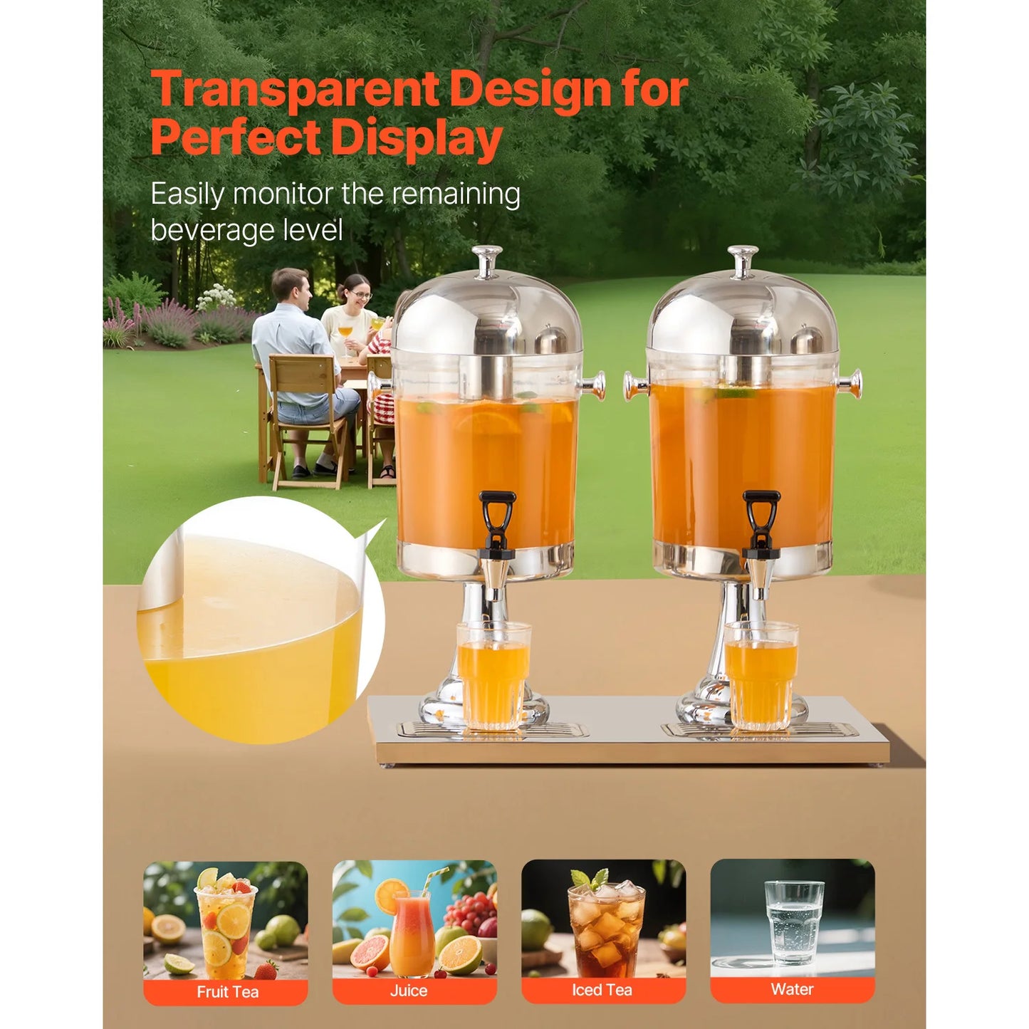 SucceBuy Dual 2.1 Gallon Beverage Dispenser Set Stainless Steel And Plastic With Spigot Chamber Tray For Restaurants