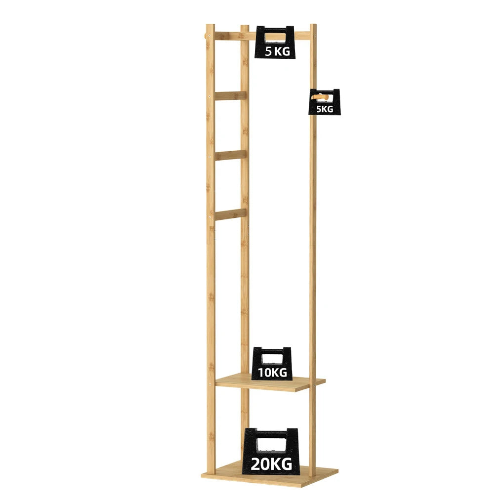 Bamboo Corner Coat Rack With Two Tier Shelves And Hanger Hooks
