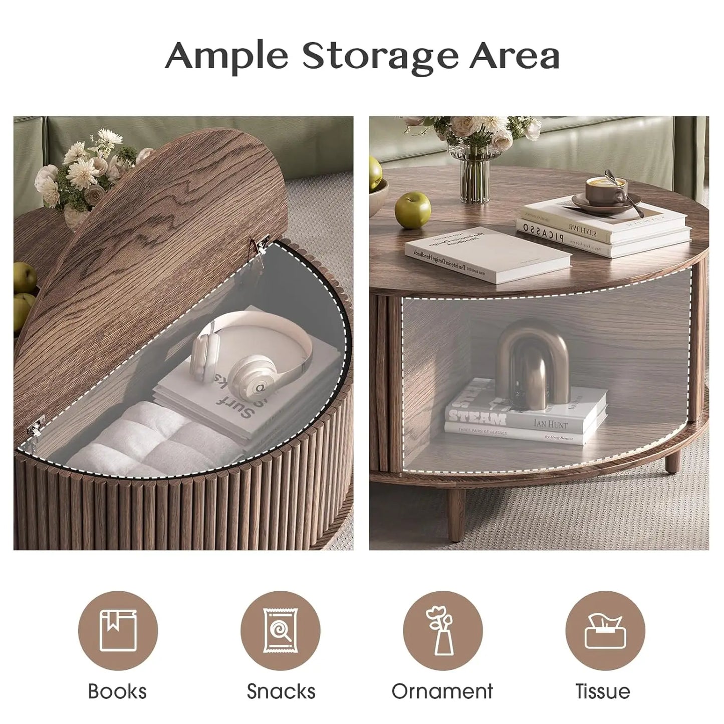 Round Coffee Table With Hidden Slidable Storage Door Modern Walnut