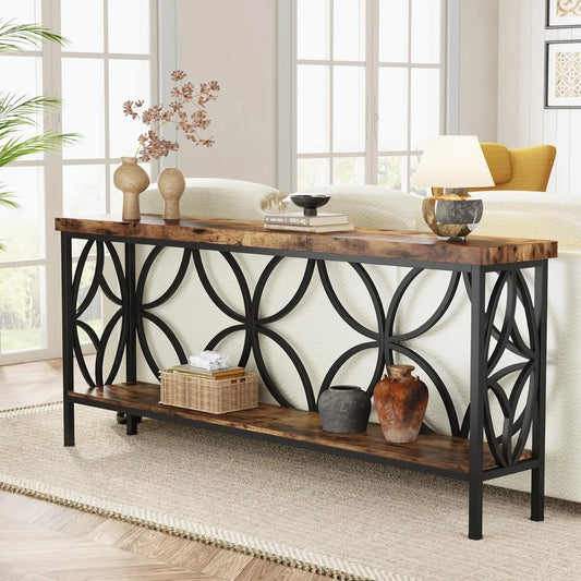 LITTLE TREE Industrial Sofa Table With Storage For Entryway