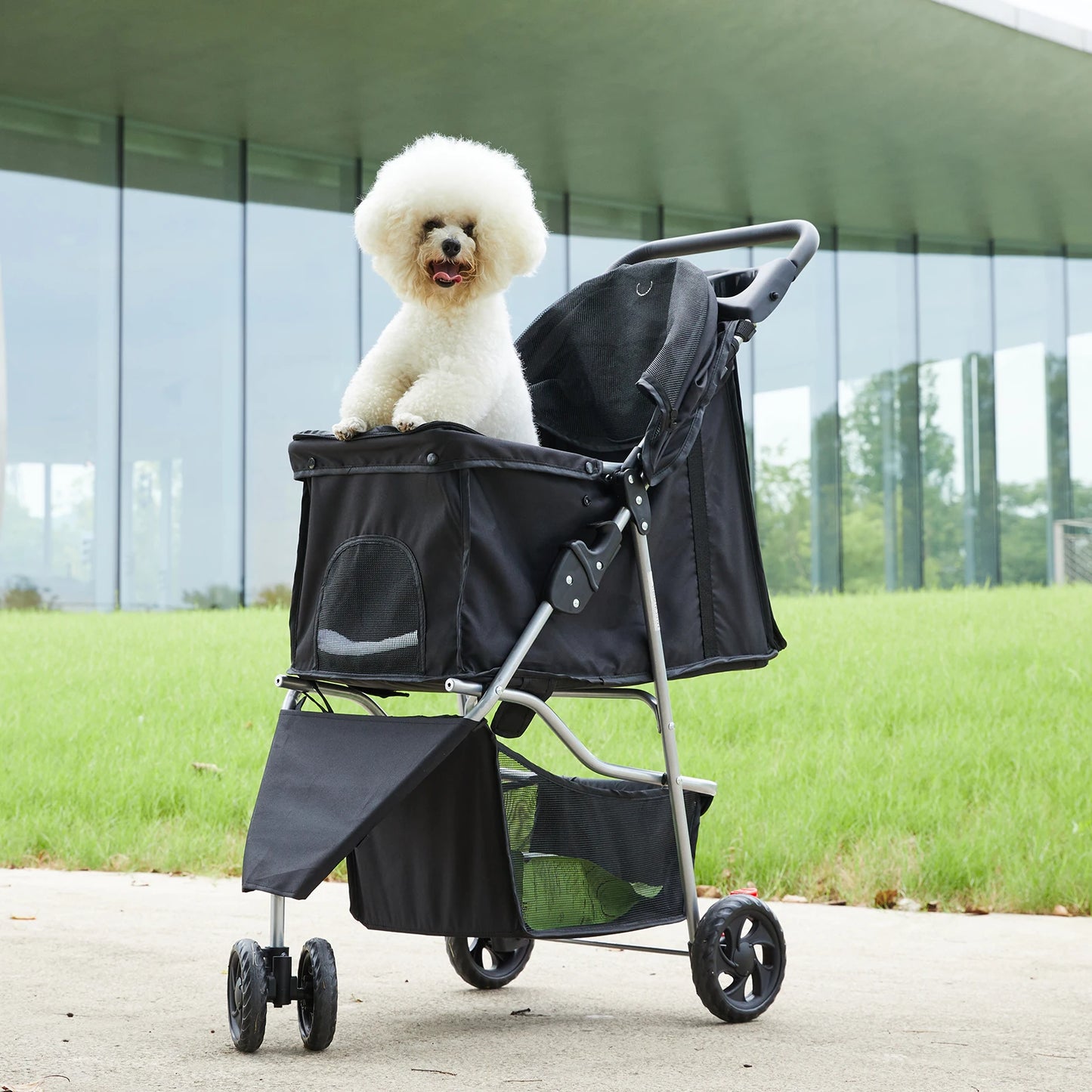 Three Wheel Foldable Pet Stroller With Mesh Windows For Small Dogs And Cats