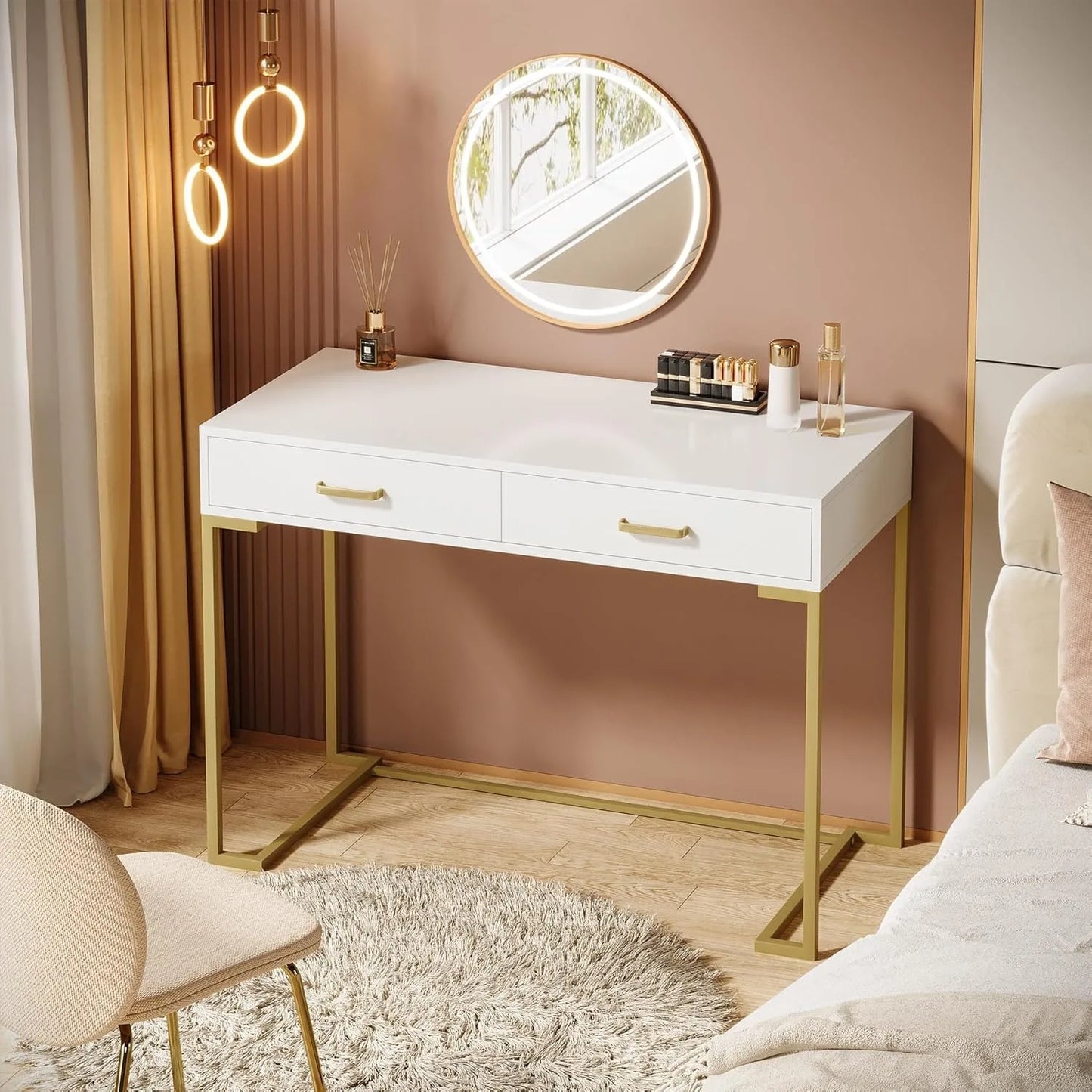 LITTLE TREE White And Gold Vanity Desk With 2 Drawers