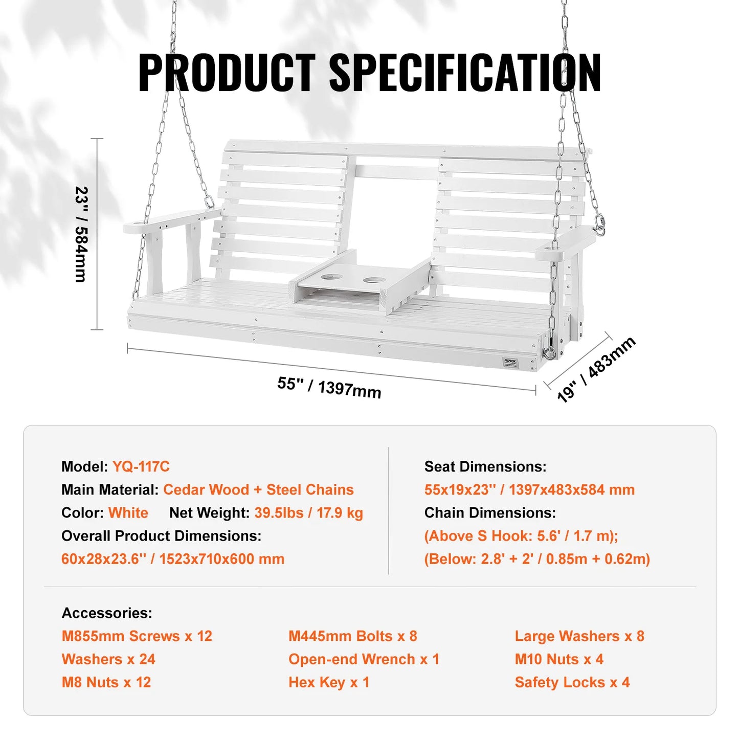 SucceBuy Cedar Wood Porch Swing With Steel Chains For Outdoors