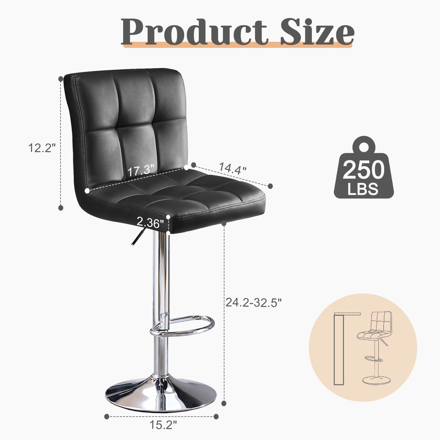 JHK PU Leather Bar Stools Set of 2 Counterheight Pro