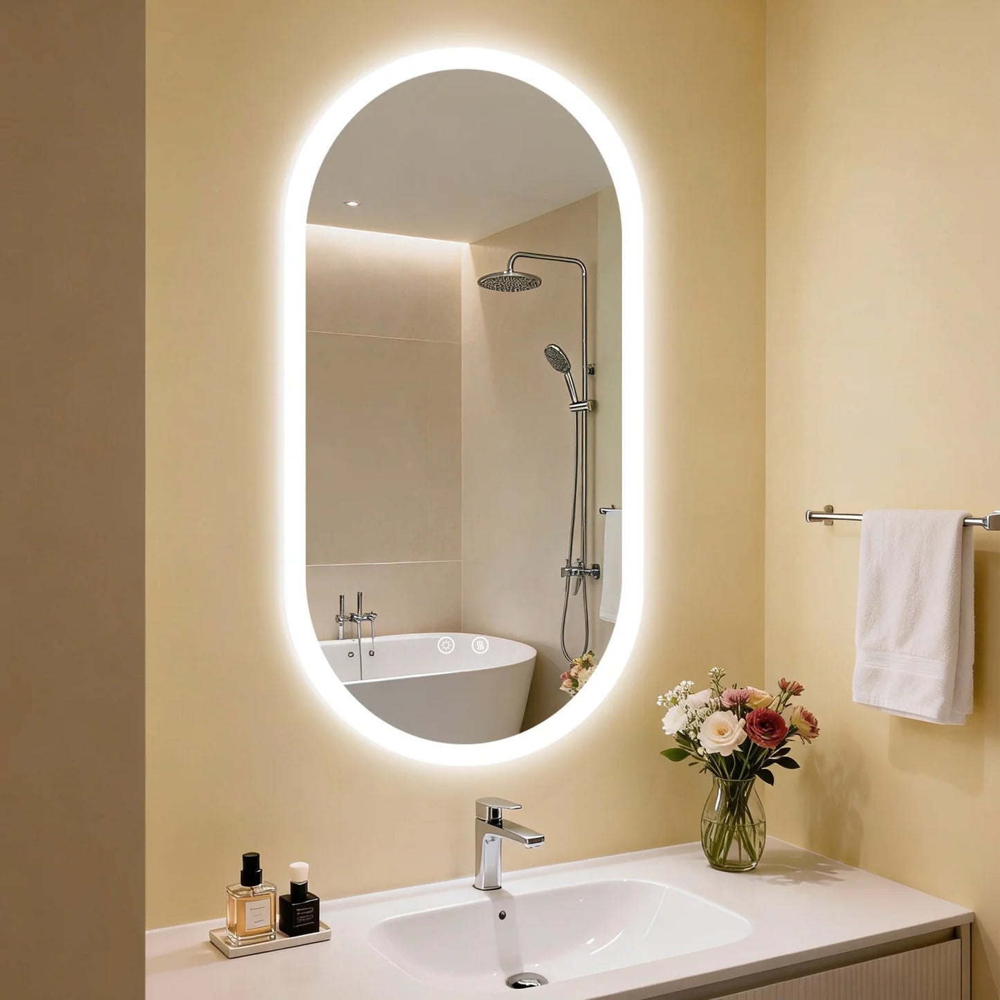Illuminated Oval Bathroom Mirror With Backlit Tempered Glass Antifog Makeup