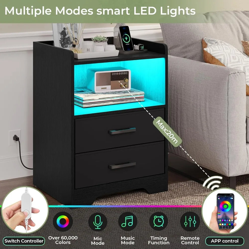 Stand Set of 2 Nightstands With LED Lighting and Charging