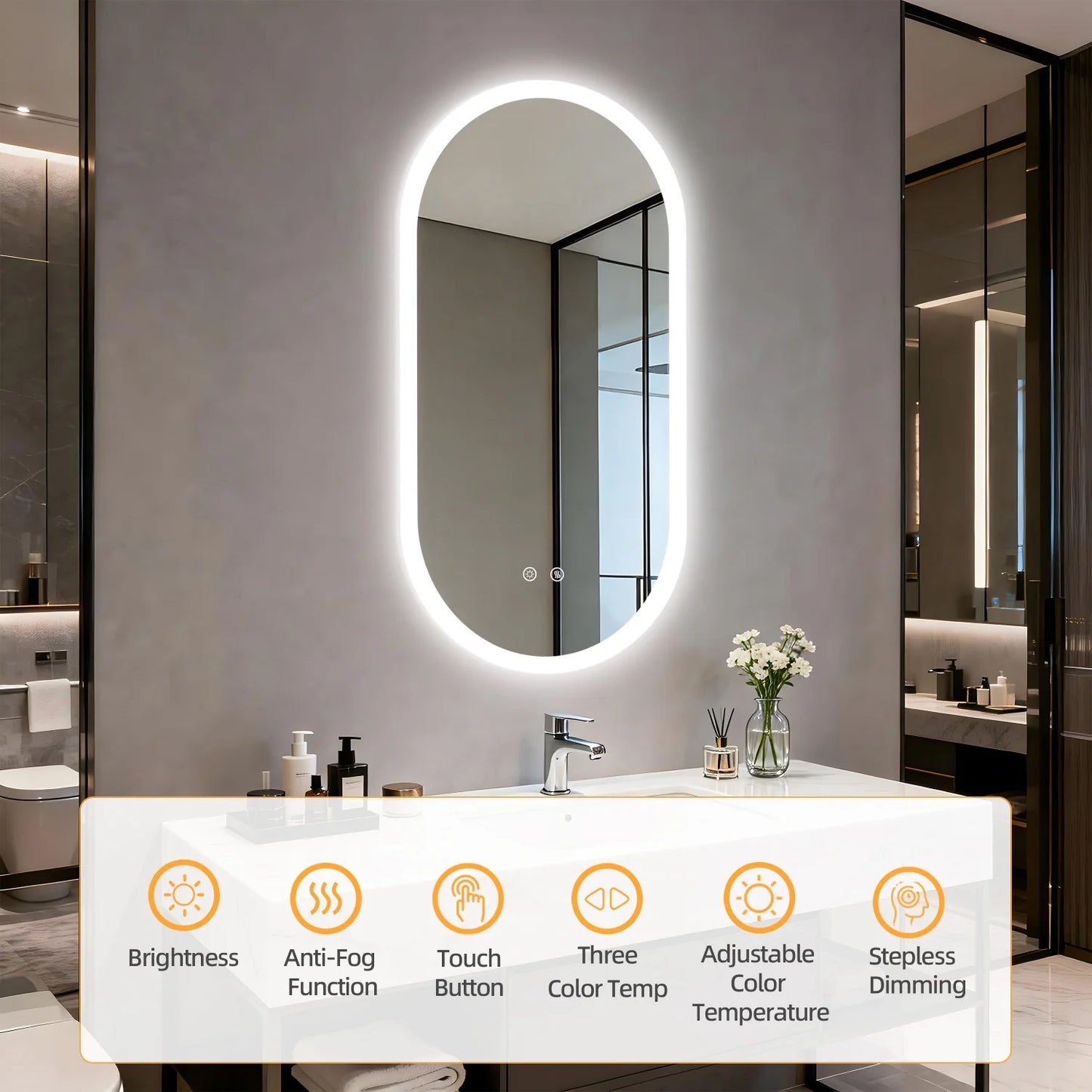 Illuminated Oval Bathroom Mirror With Backlit Tempered Glass Antifog Makeup