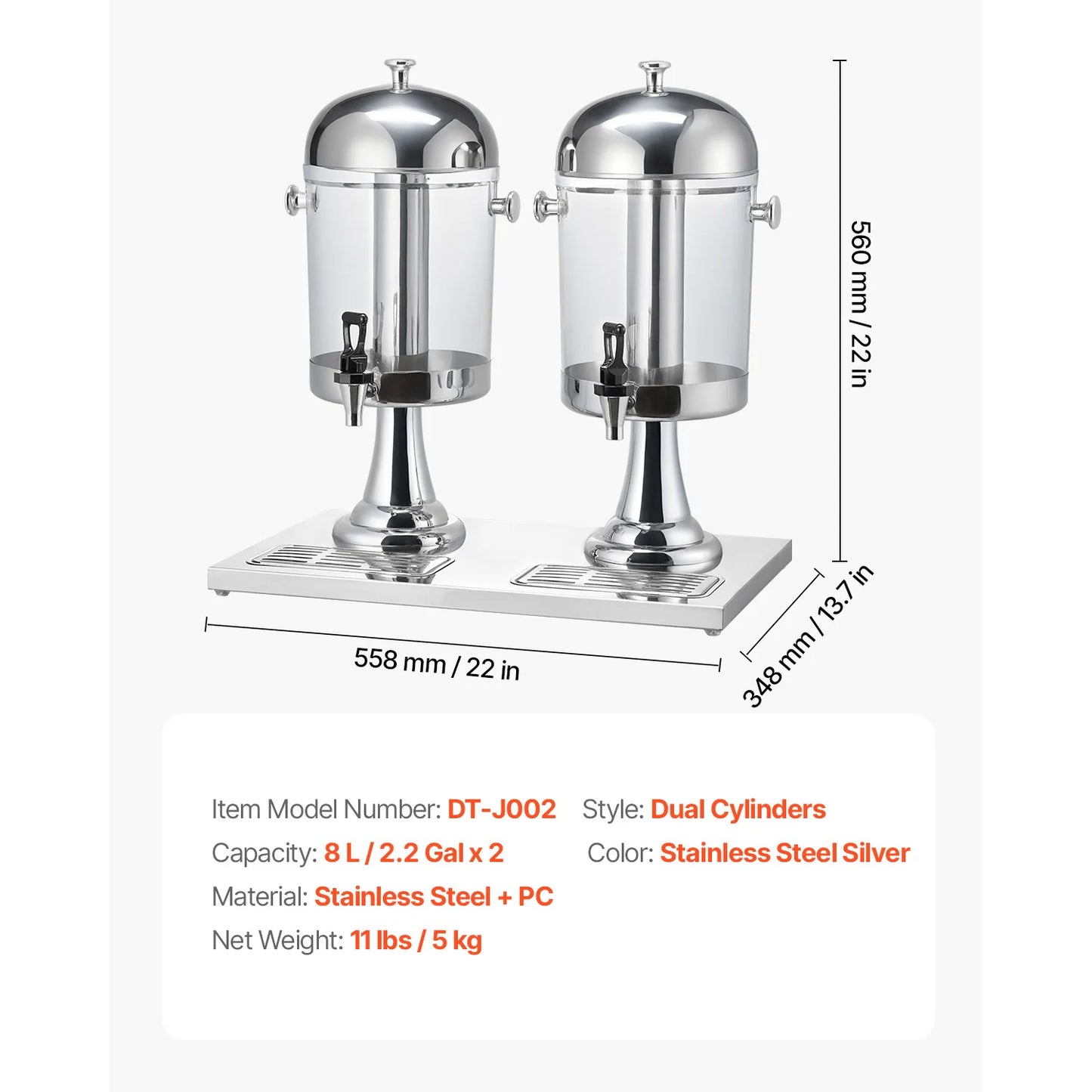 SucceBuy Dual 2.1 Gallon Beverage Dispenser Set Stainless Steel And Plastic With Spigot Chamber Tray For Restaurants