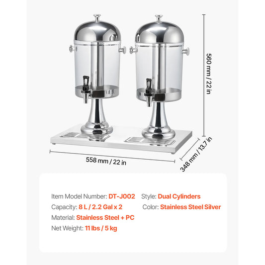 SucceBuy Dual 2.1 Gallon Beverage Dispenser Set Stainless Steel And Plastic With Spigot Chamber Tray For Restaurants