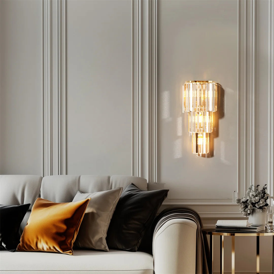 LUVODI Crystal Wall Lamp 3 Layer Gold Sconce With E14 LED Bulbs Included Dimmable For Living Room Decor