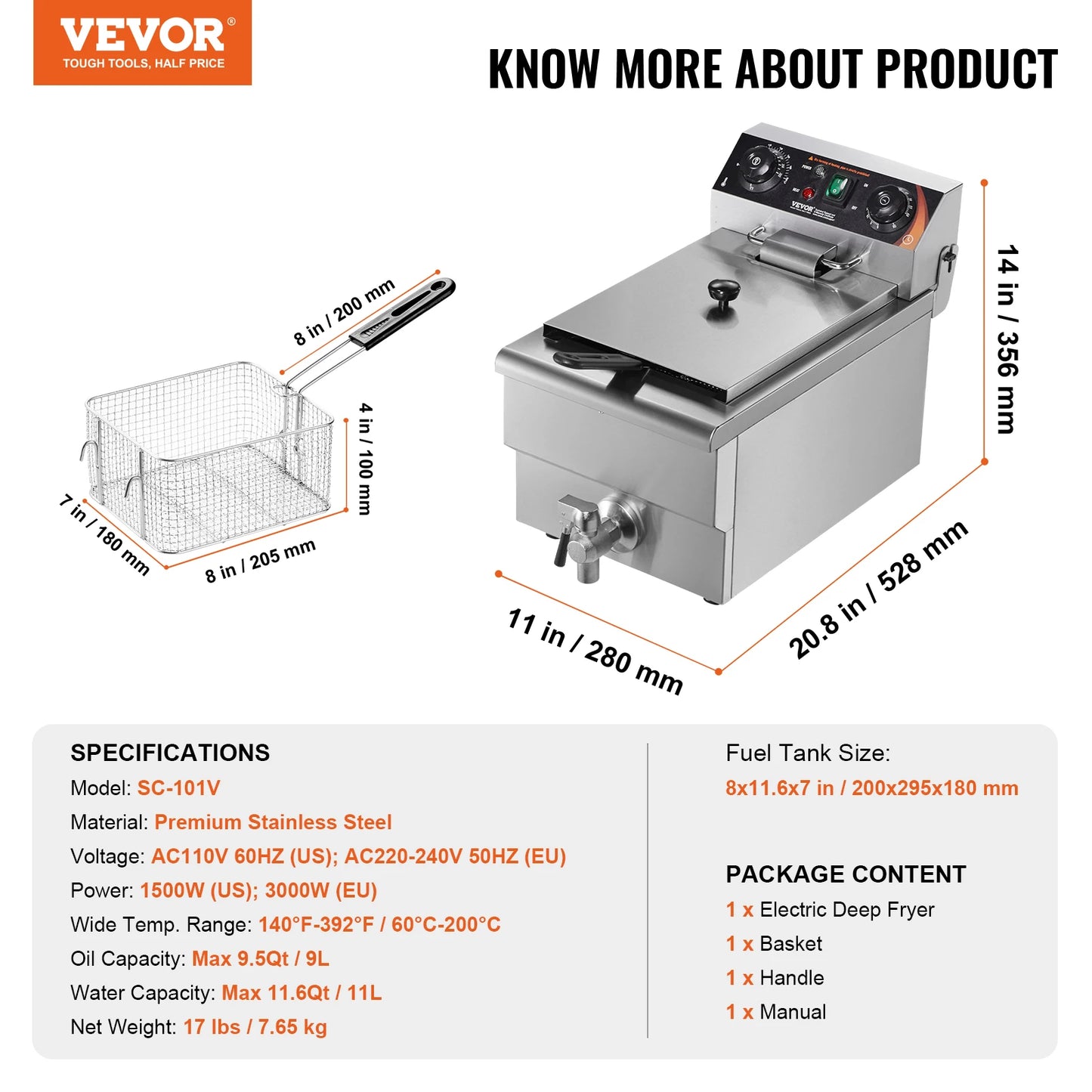 VEVOR Commercial Deep Fryer Electric Countertop 11.6 Qt Stainless Steel With Time And Temperature Control