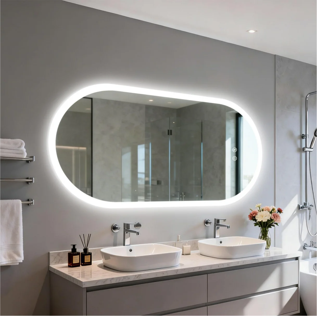 Illuminated Oval Bathroom Mirror With Backlit Tempered Glass Antifog Makeup
