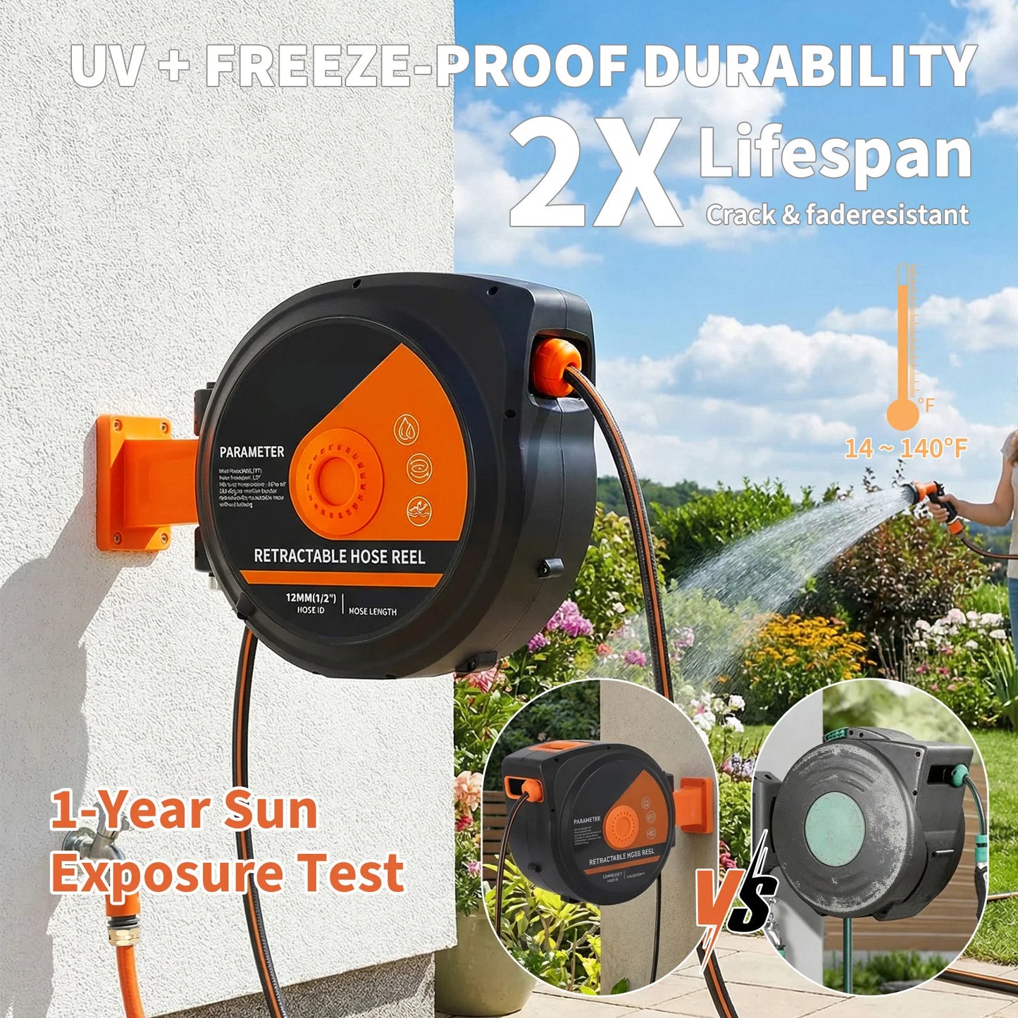 HiMISS Retractable Garden Hose Reel Wall Mounted Heavy Duty With 180 Degree Swivel Slow Retraction For Homeowners