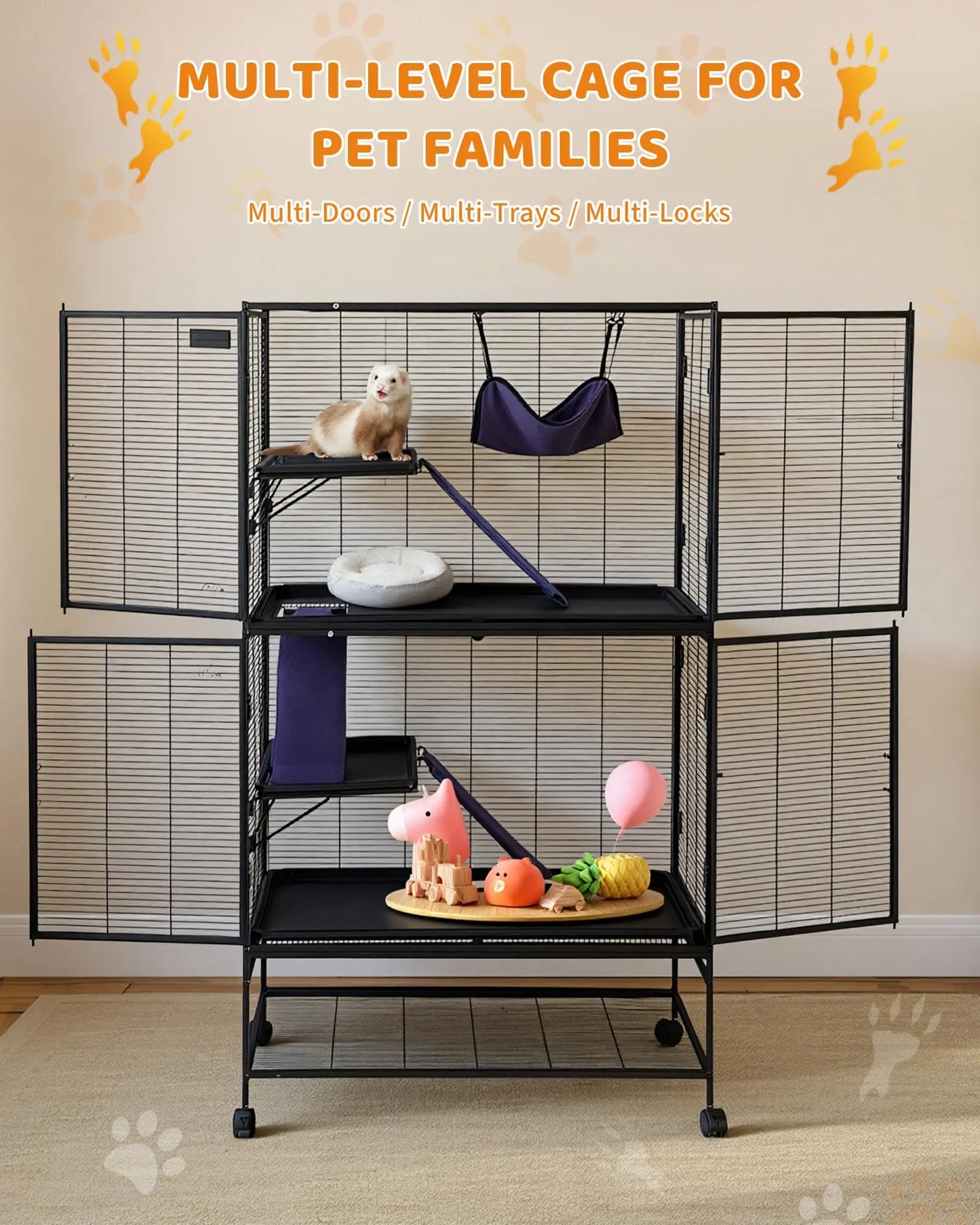 HiMISSCN Heavy Duty Small Animal Cage For Ferrets Chinchillas And Rabbits With Lockable Wheels And Removable Platforms