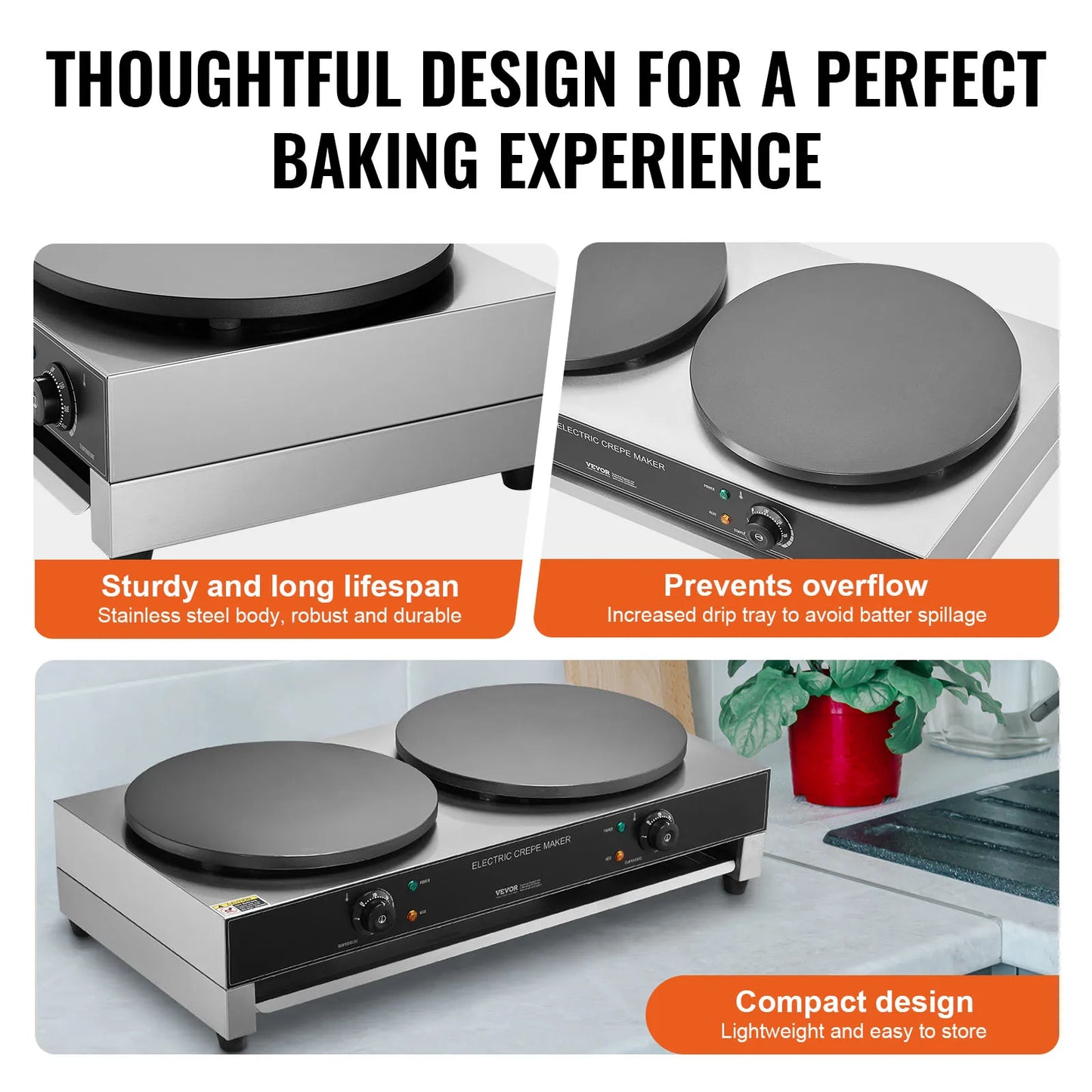 SucceBuy Commercial Crepe Maker 16 Inch Double Head For Foodservice With Temperature Control Nonstick Plate