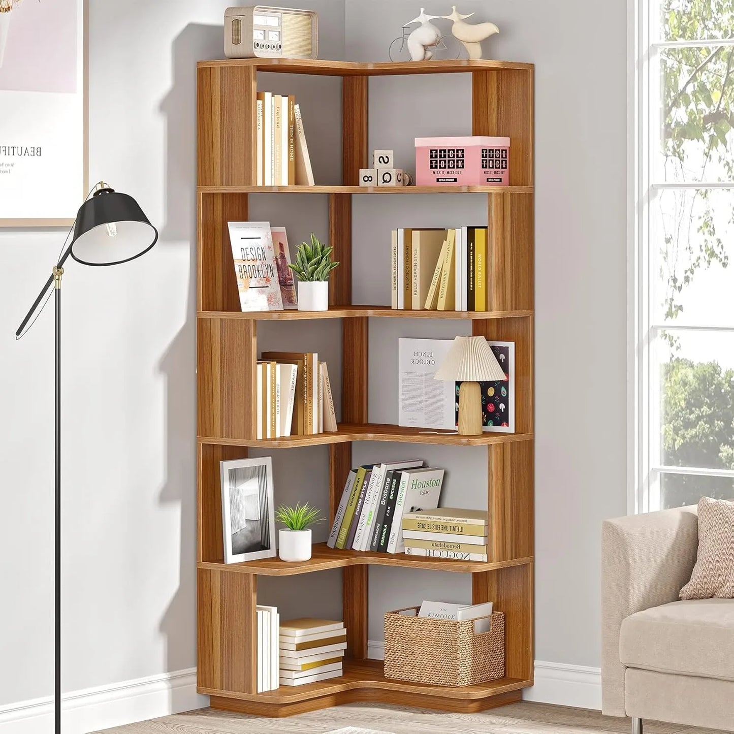Little Tree 6-Tier L-Shaped Corner Bookshelf Industrial Anti-Drop Panel