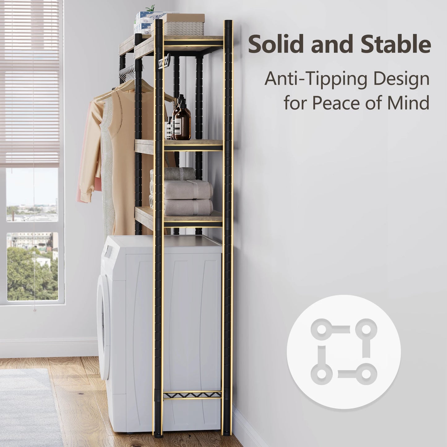 Over Washer Dryer Shelf 5 Tier Wood Laundry Organizer With Adjustable Height And Drying Rack Twisterck For Laundry Rooms