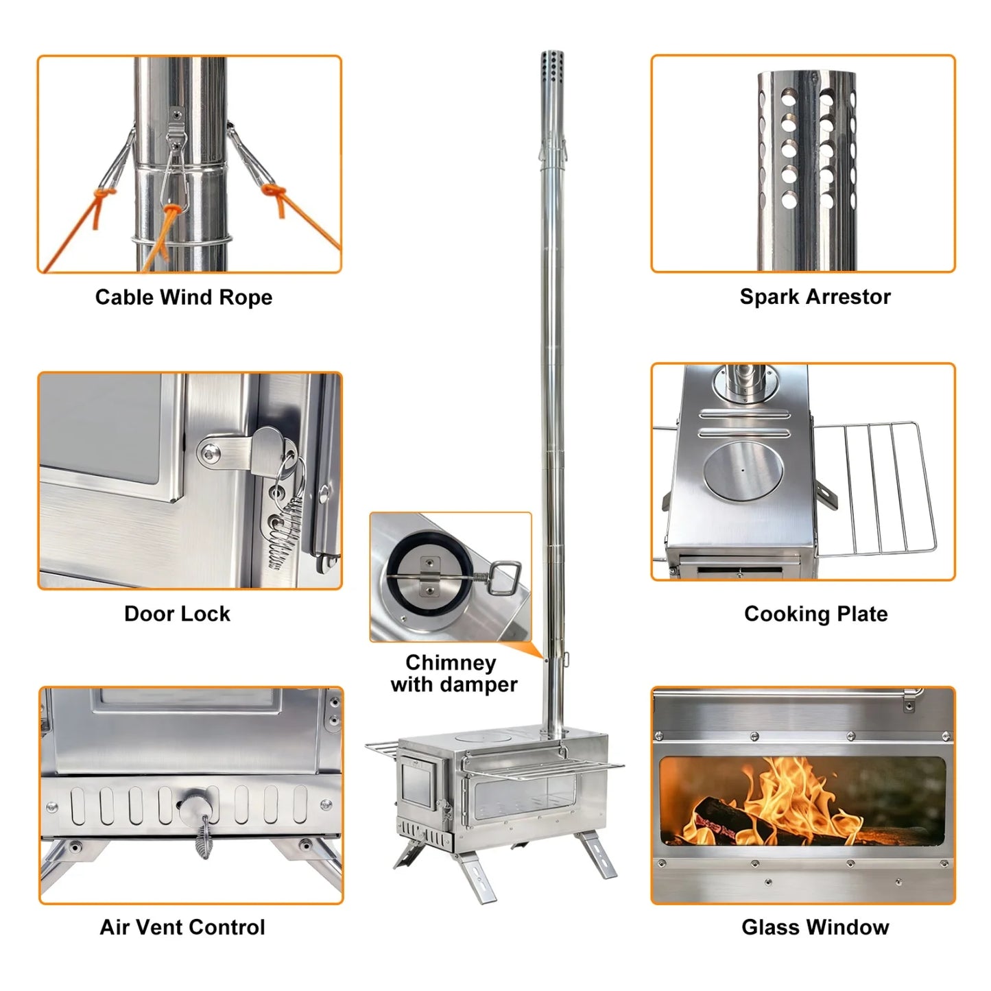 Portable Camping Wood Stove Stainless Steel With 7 Chimney Pipes