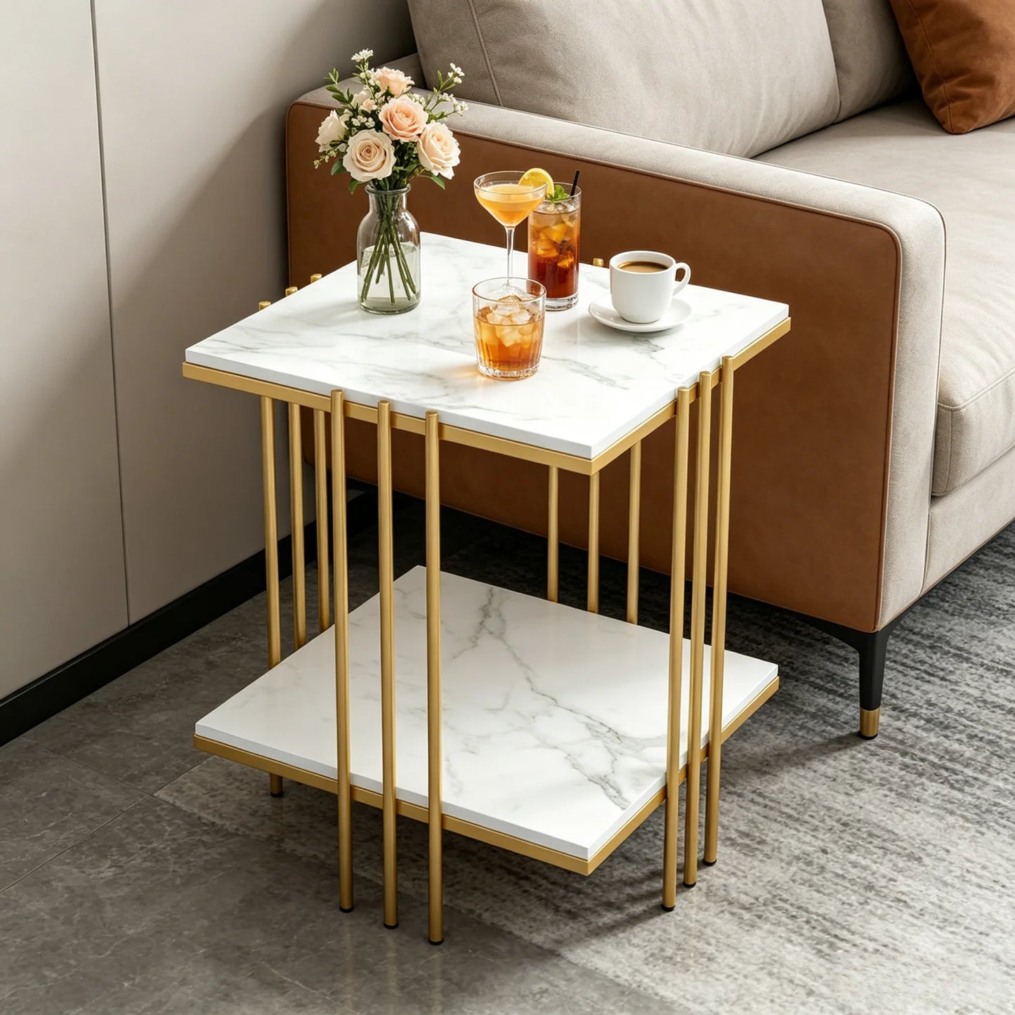 Two Tier Square Side Table With Metal Gold Frame And Sintered Stone Top