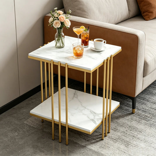 Two Tier Square Side Table With Metal Gold Frame And Sintered Stone Top