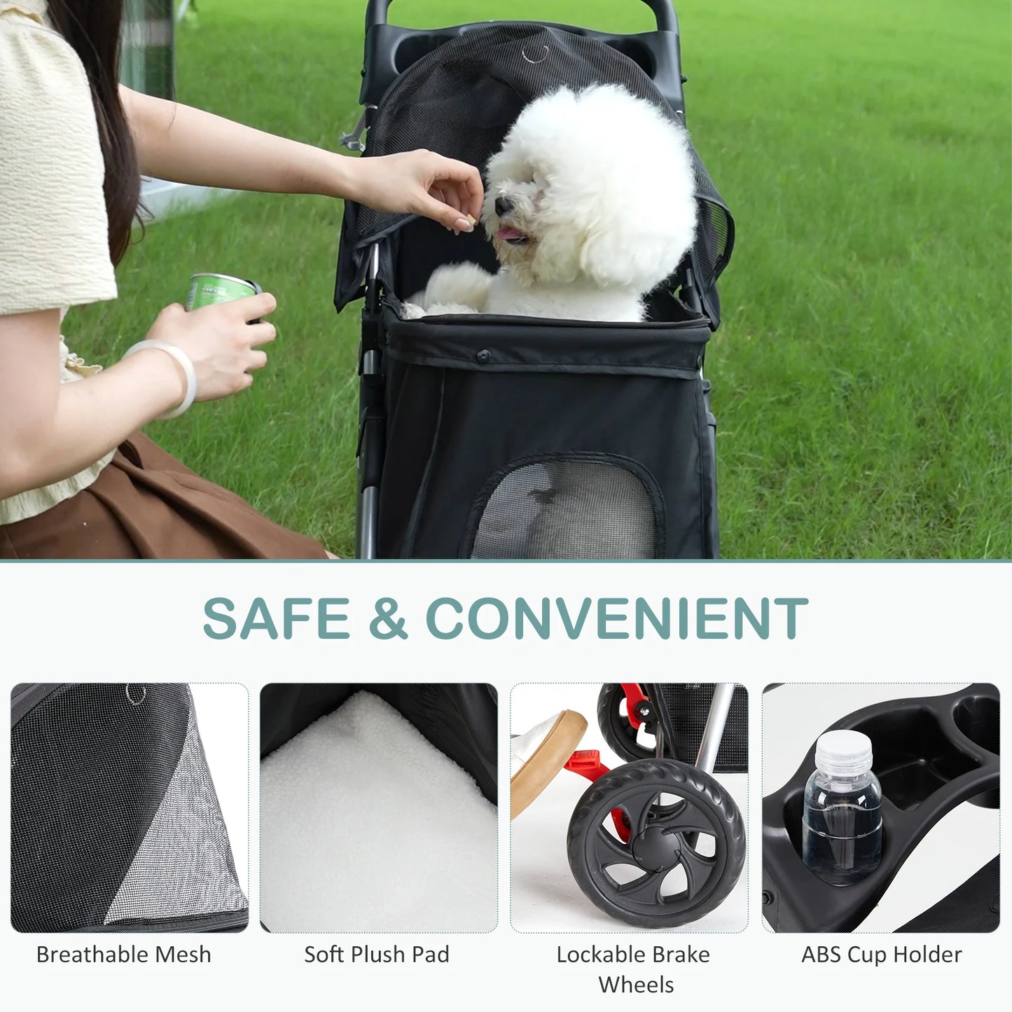 Three Wheel Foldable Pet Stroller With Mesh Windows For Small Dogs And Cats