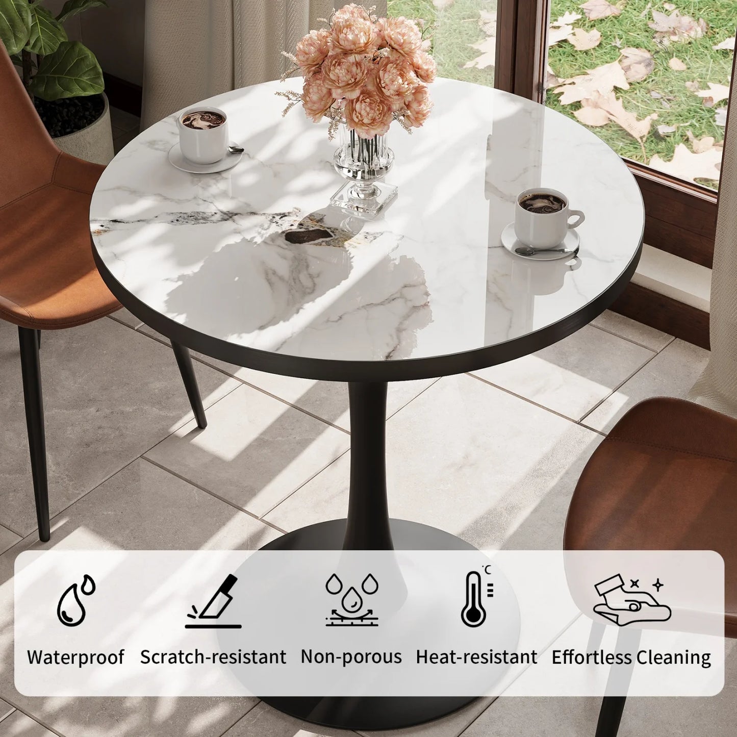 Marble Stone Round Dining Table Pedestal For 2 To 3 People