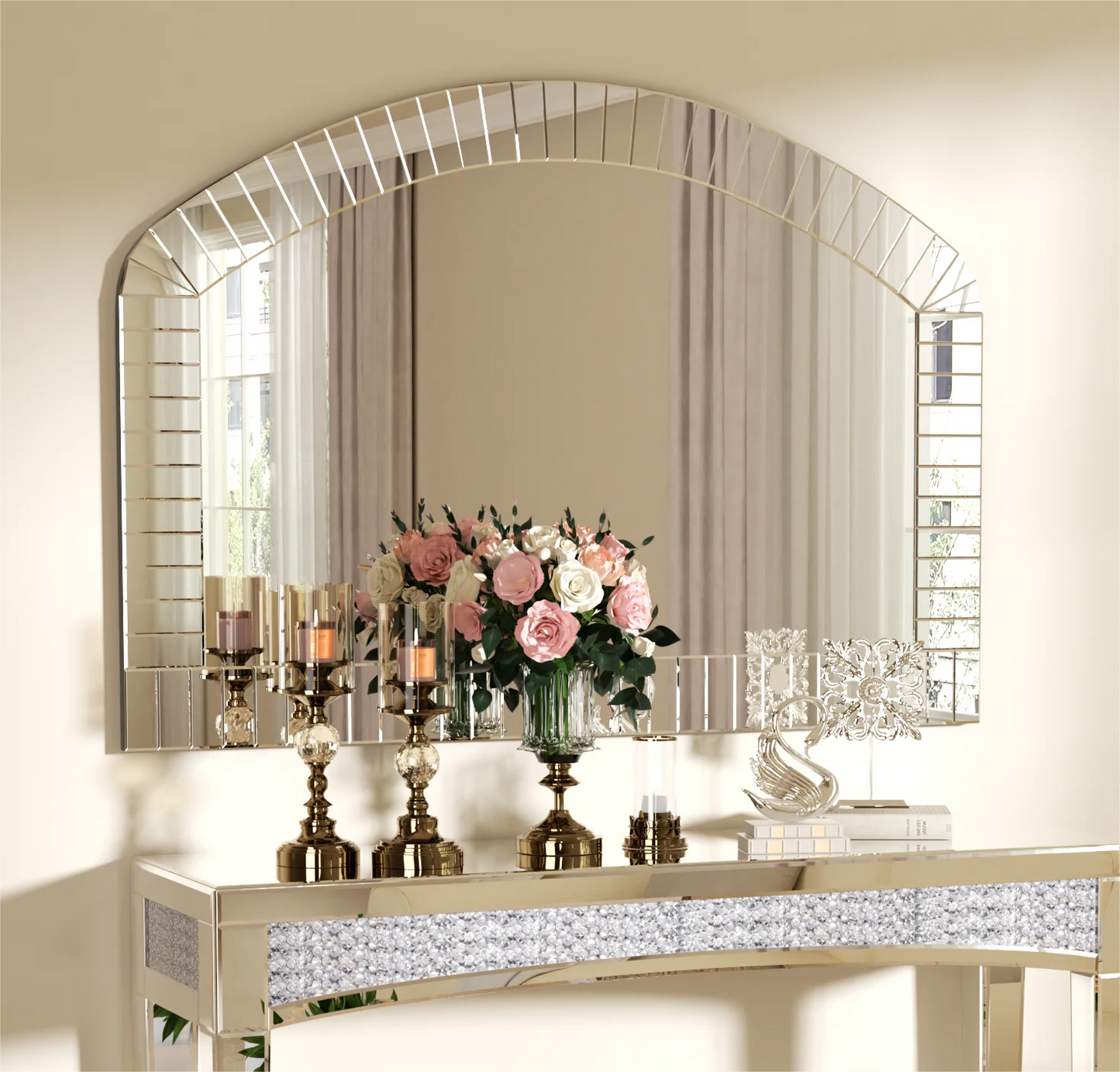 Arched Venetian Mirror With Beveled Edge For Living Room Decor
