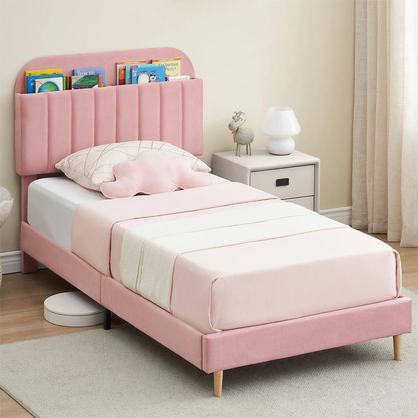 Twister.CK Velvet Upholstered Twin Bed Frame With Headboard For Kids And Girls Noise Free Durable Wooden Slats