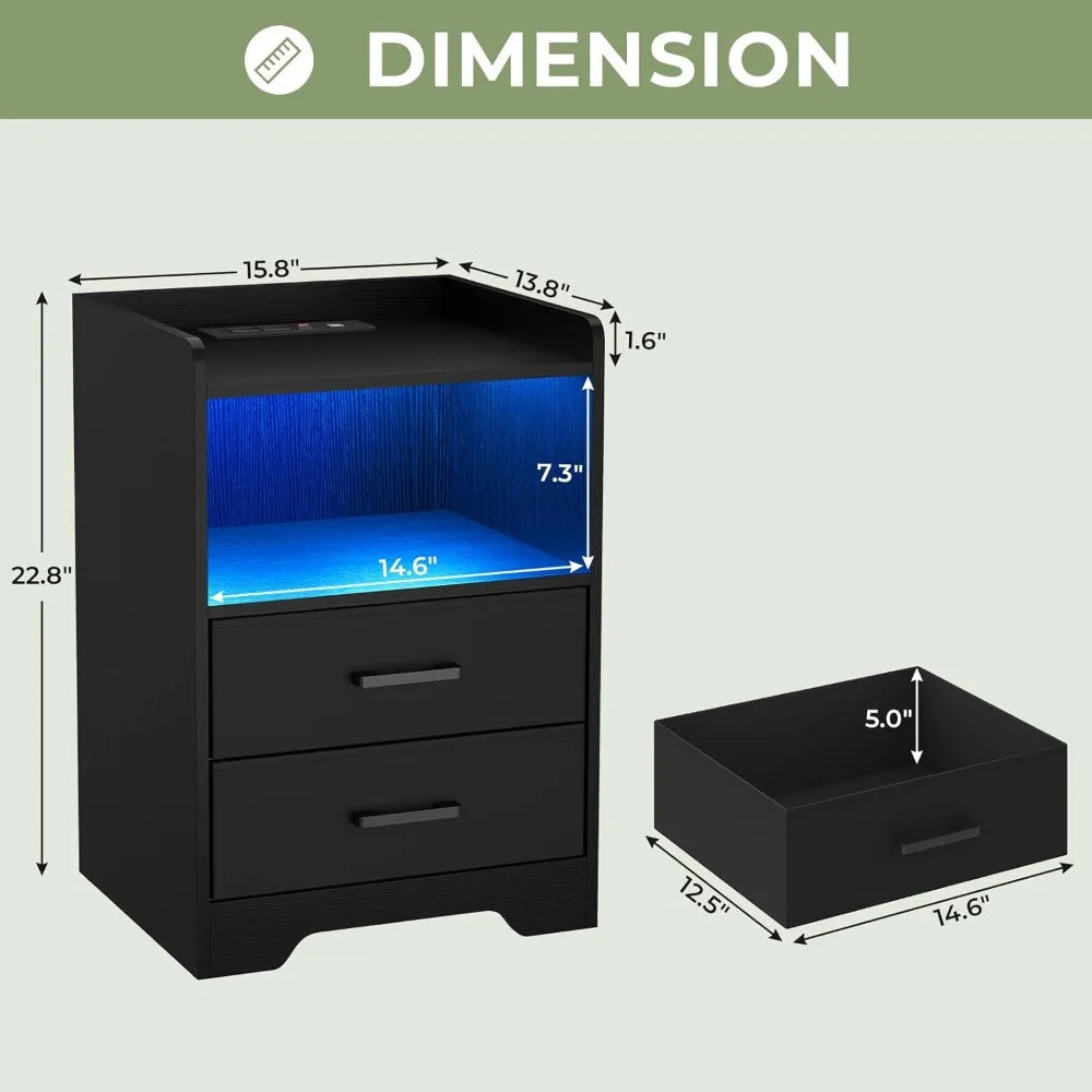 Stand Set of 2 Nightstands With LED Lighting and Charging