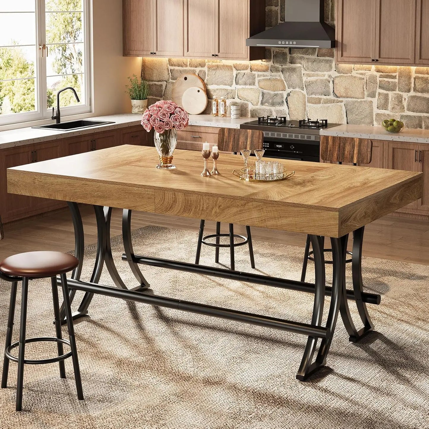 Industrial Bar Table With Metal Footrest For Home Pub Dining