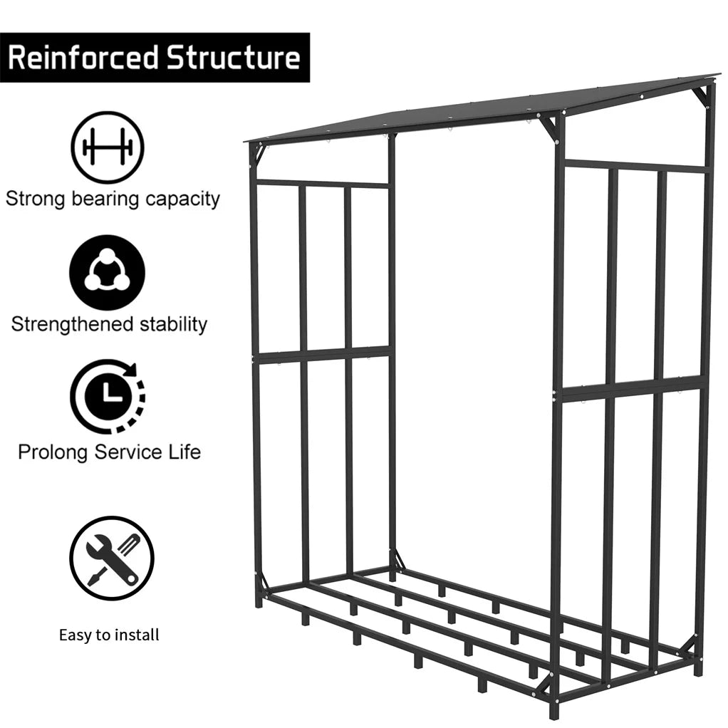 Outdoor Metal Firewood Rack With Waterproof Roof For Garden Storage