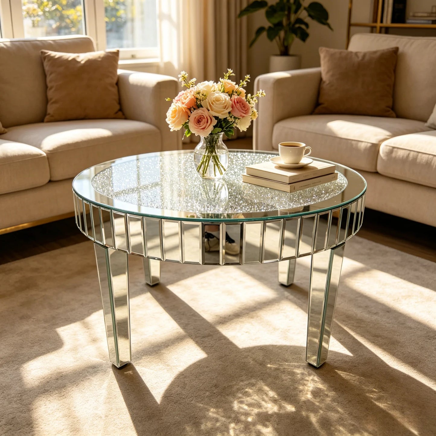Round Mirrored End Table With Crystal Beveled Glass Edge