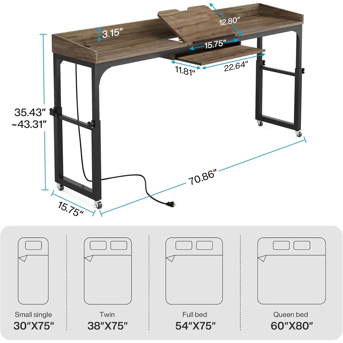 Little Tree Height Adjustable Overbed Table on Wheels for Laptop